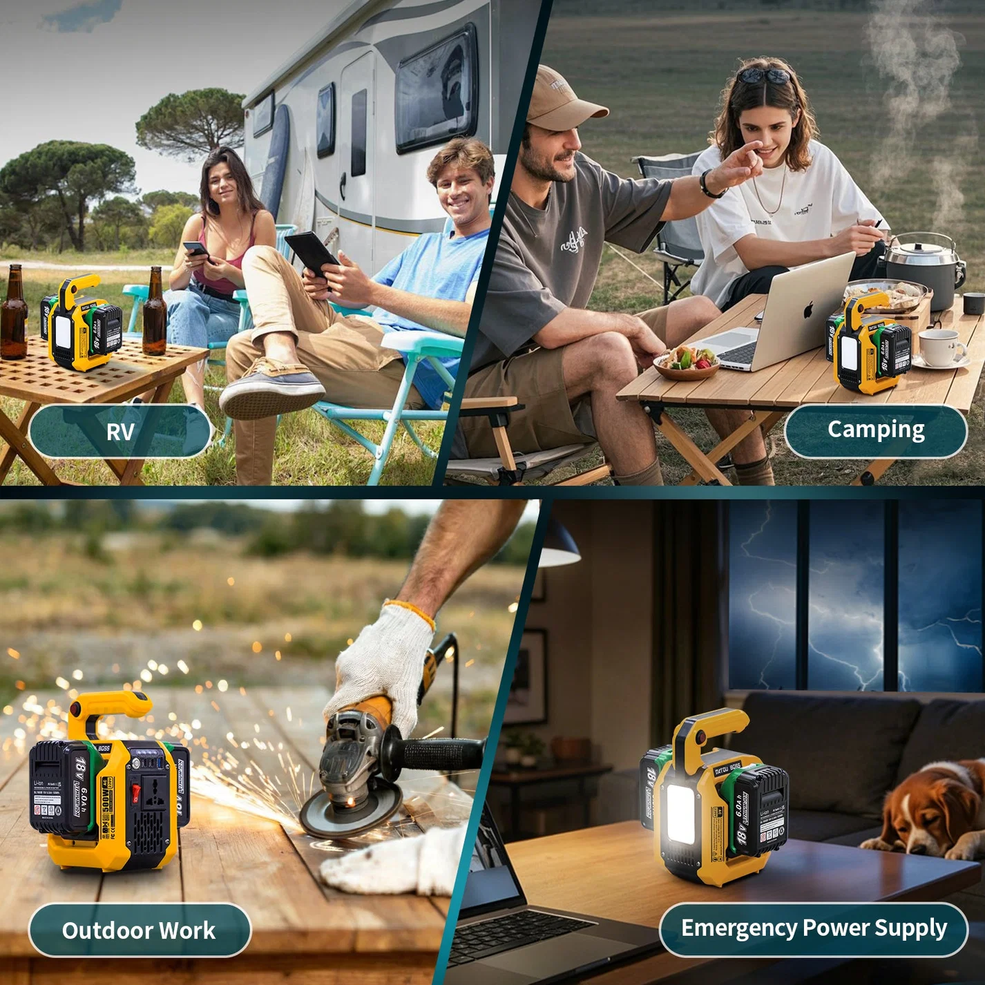 DATOUBOSS 500W Portable Power, Dual Battery Slots, 8–15H Runtime, Compatible with DeWalt & Milwaukee Batteries, Supports 10,000mAh+ Lithium Batteries, Dual 18W USB-C, USB Output, Universal AC Outlet, 500lm LED Floodlight for Camping & Backup Power - Xdatou | Rechargeable Lifepo4 Batteries Voltage Converters Inverter