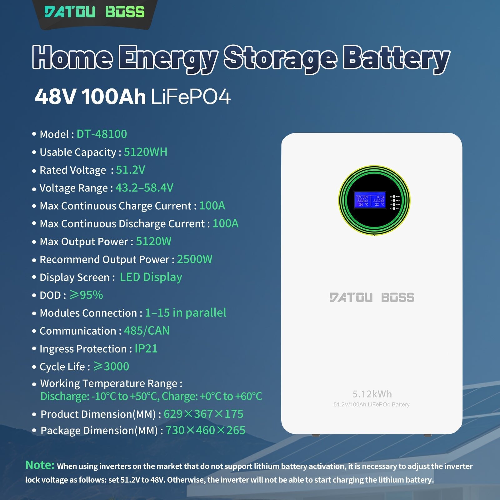 DATOUBOSS 51.2V 100Ah LiFePO4 Wall-Mounted Battery with 5.12kWh capacity, 100A BMS. Perfect for Solar Home RV Energy Storage.