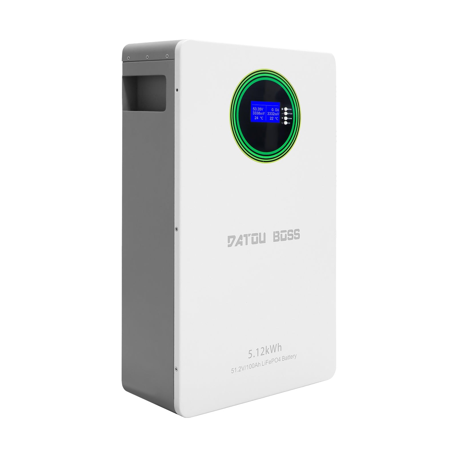 DATOUBOSS 51.2V 100Ah LiFePO4 Wall-Mounted Battery with 5.12kWh capacity, 100A BMS. Perfect for Solar Home RV Energy Storage.