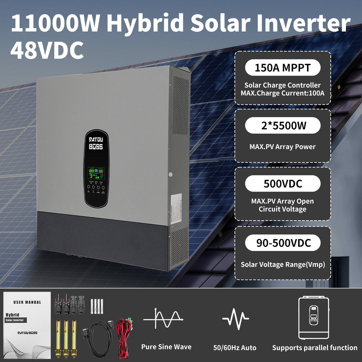 DATOUBOSS 51.2V 100Ah LiFePO4 battery with 200A BMS and 11KW 48V to 230V hybrid inverter with 150A MPPT. for solar off-grid