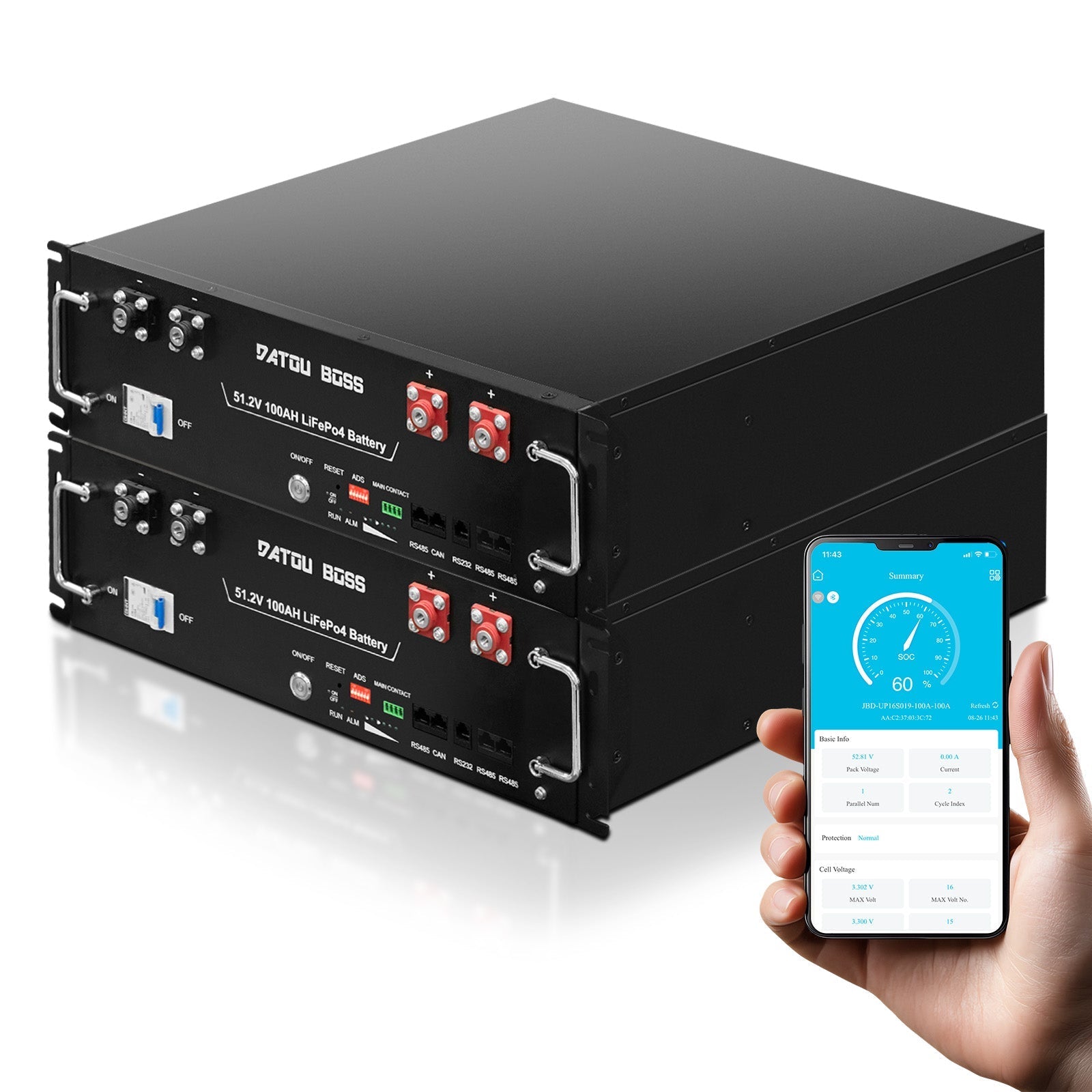 DATOUBOSS 51.2V 100Ah LiFePO4 battery with 200A BMS, designed for 6000+ deep cycle use. for solar system energy systems.