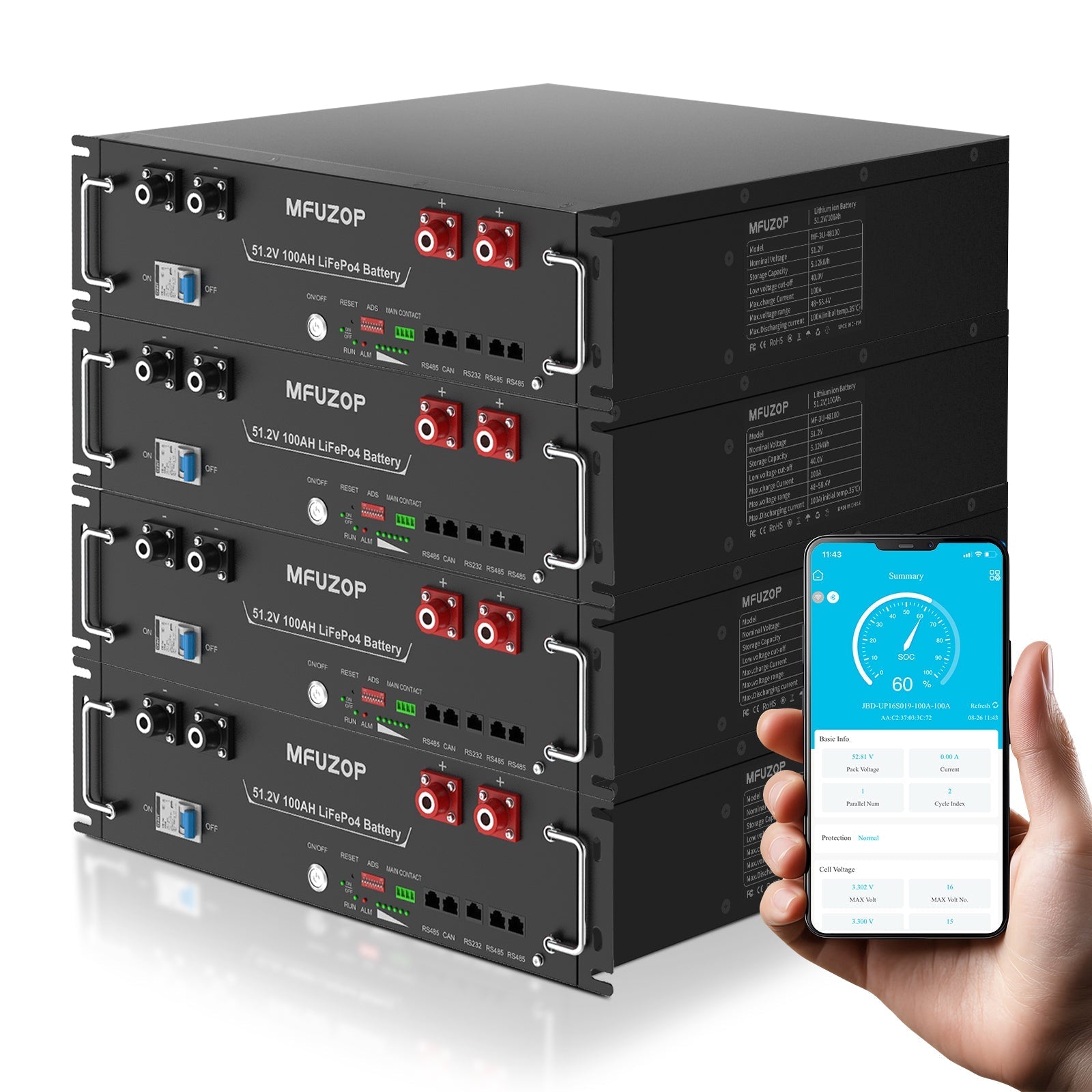 DATOUBOSS 51.2V 100Ah LiFePO4 battery with 200A BMS, designed for 6000+ deep cycle use. for solar system energy systems.