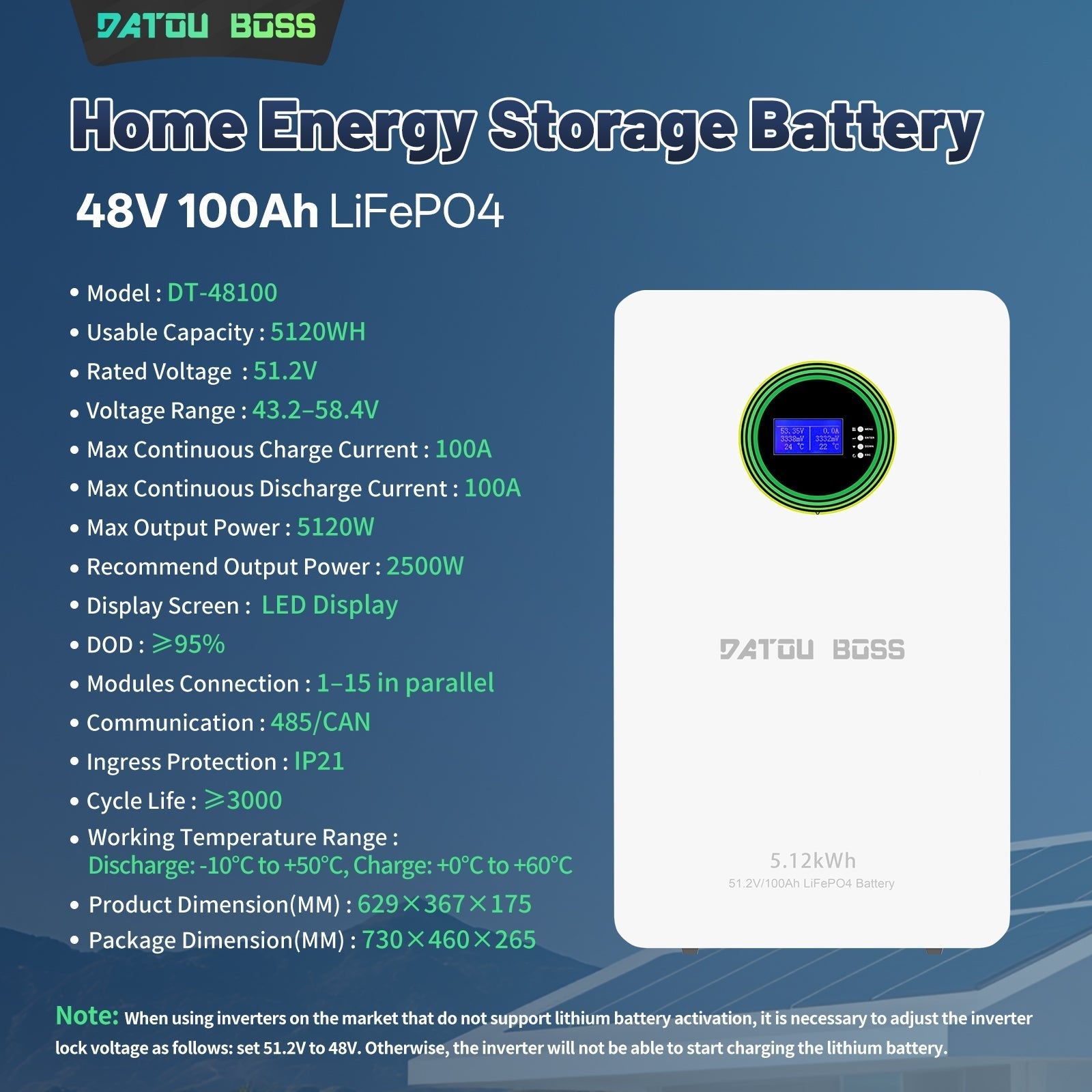 DATOUBOSS 51.2V 100Ah Wall - Mounted LiFePO4 Battery, 5.12kWh, 100A BMS, for Energy Storage - Xdatou | Rechargeable Lifepo4 Batteries Voltage Converters Inverter