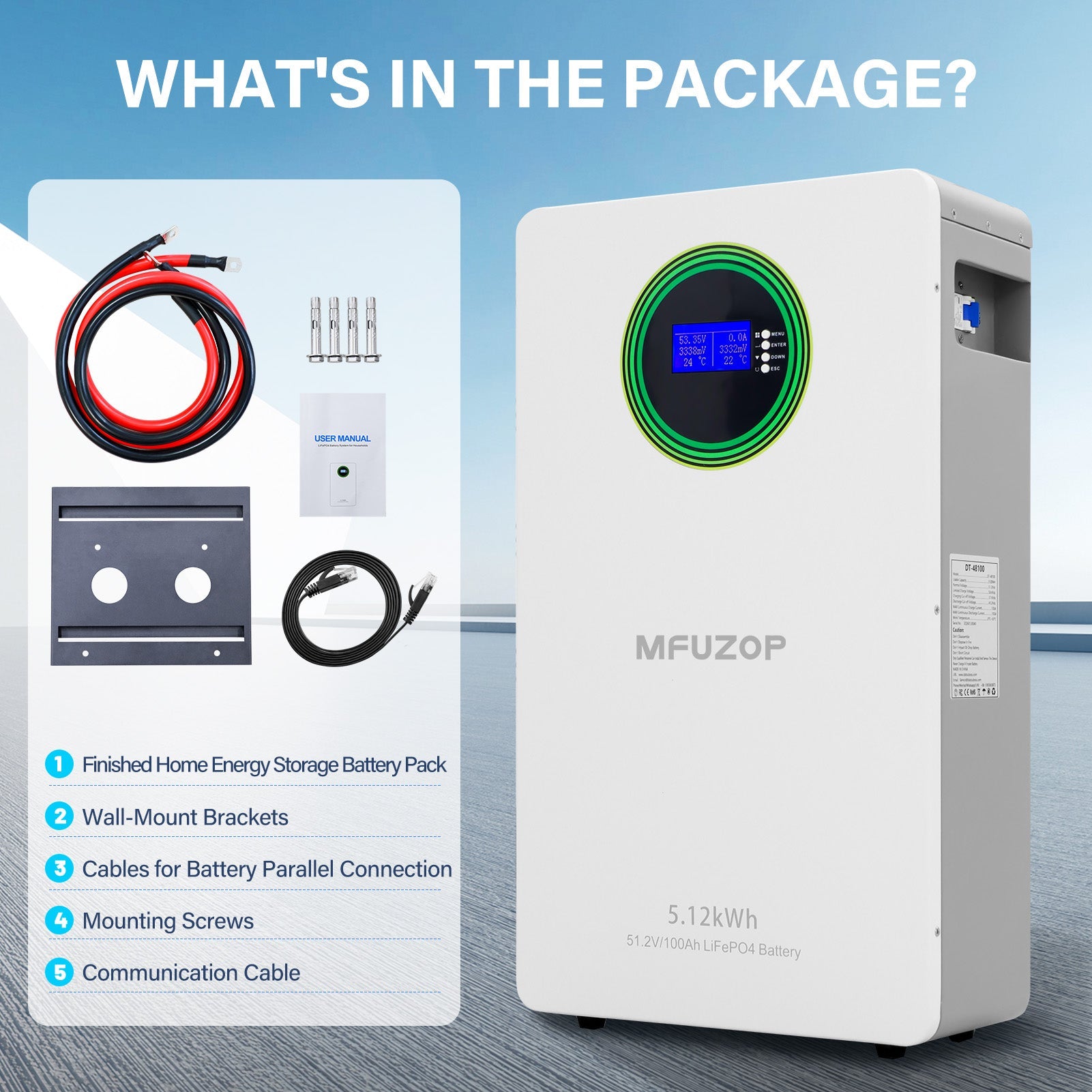 DATOUBOSS 51.2V 100Ah LiFePO4 Wall-Mounted Battery with 5.12kWh capacity, 100A BMS. Suitable for Home Energy Storage Systems