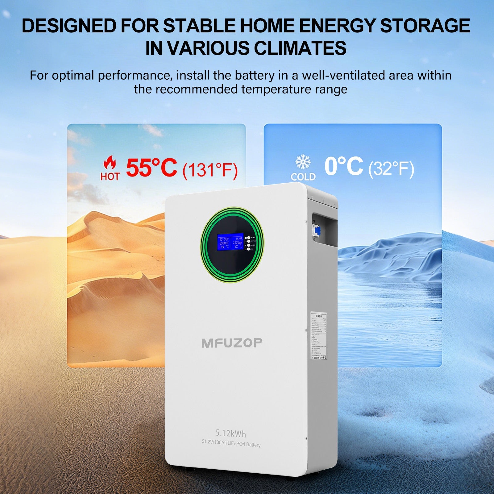 DATOUBOSS 51.2V 100Ah LiFePO4 Wall-Mounted Battery with 5.12kWh capacity, 100A BMS. Suitable for Home Energy Storage Systems