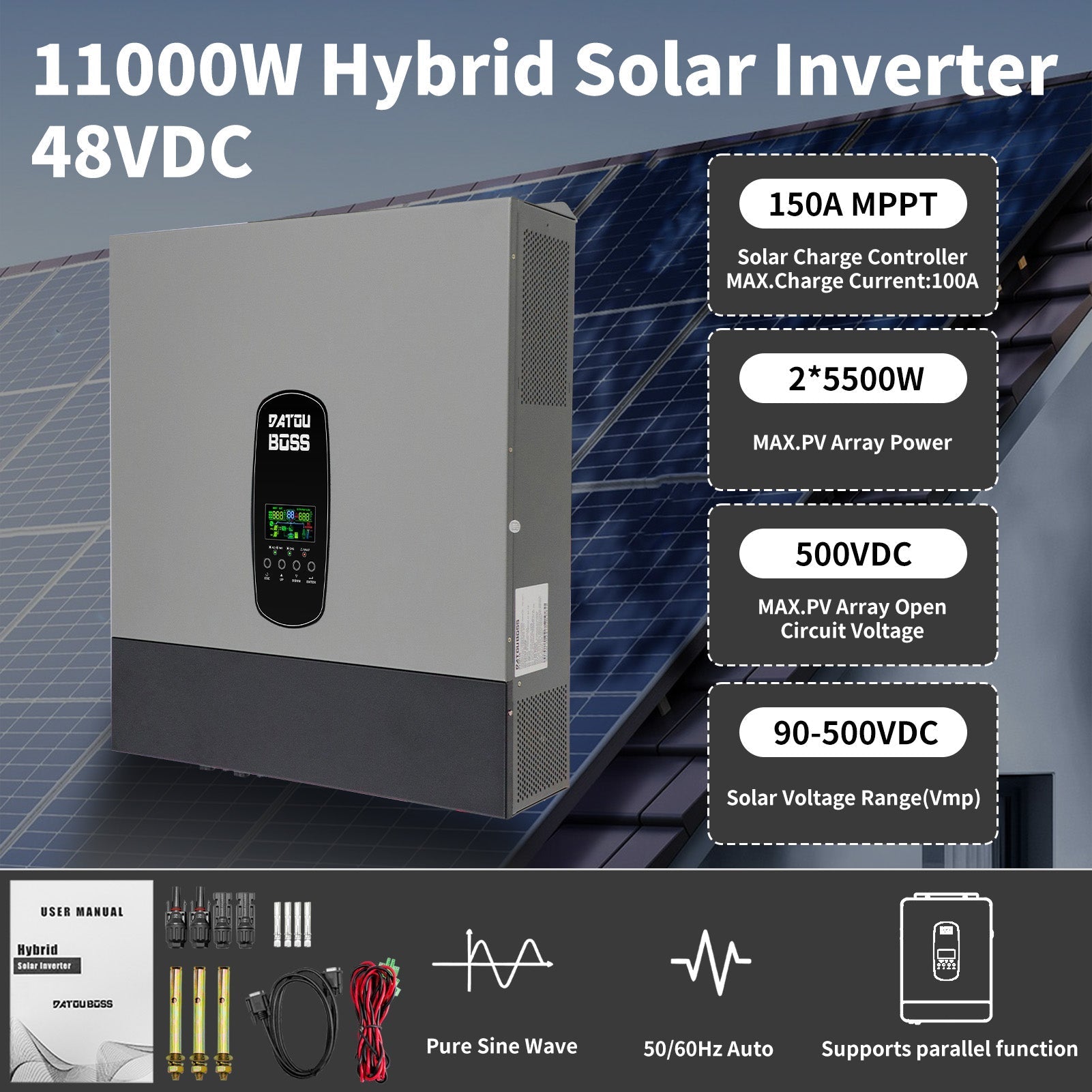 DATOUBOSS 51.2V 11kW 5.12kWh Solar Home Storage Backup Off Grid Kit 100Ah LiFePO4 + 11kW Hybrid Inverter 150A MPPT , 200A BMS, 27A PV Input，for Solar Energy Storage, RV, and Home Power Systems Secondary image