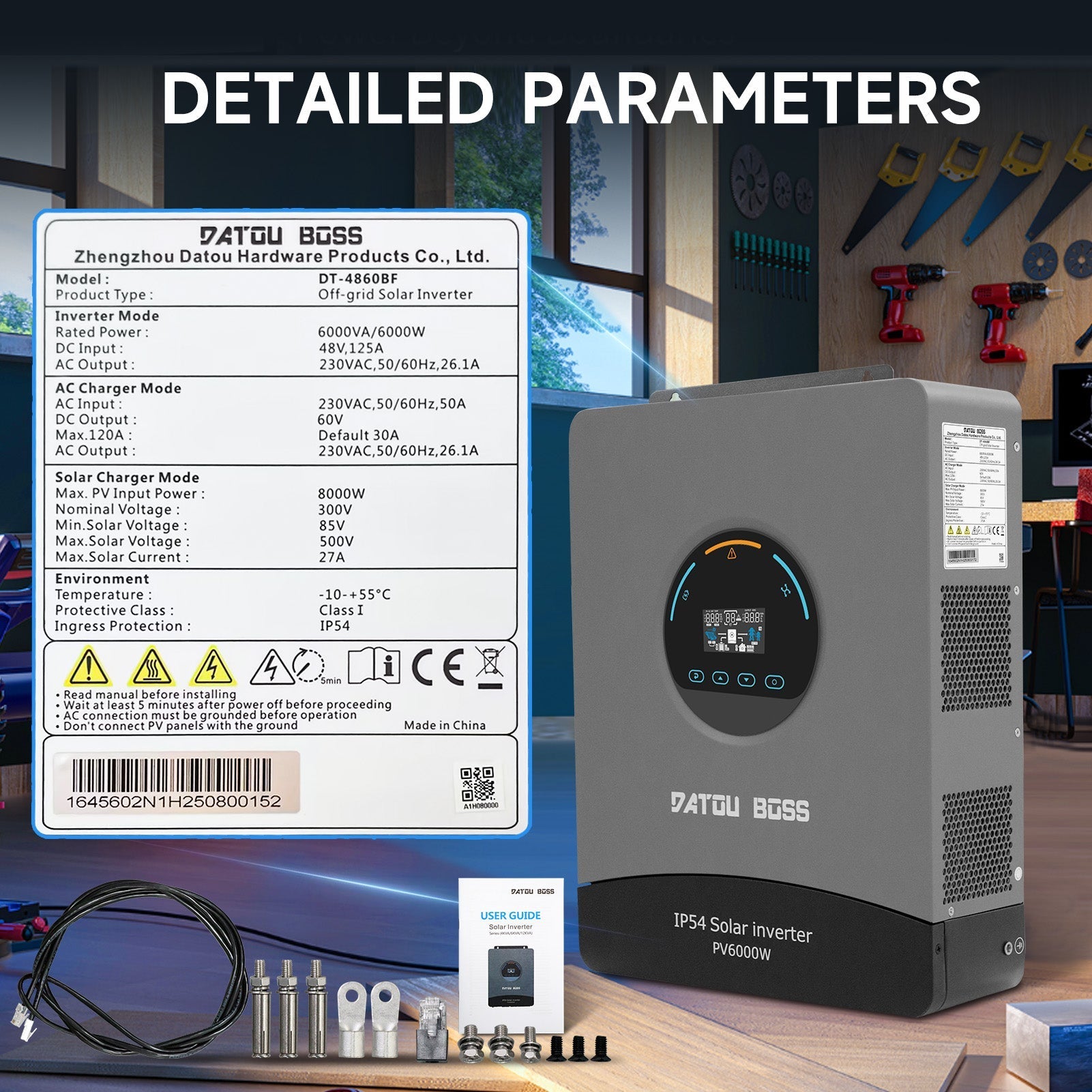 DATOUBOSS 6200W hybrid inverter with 120A MPPT, 48V to 230V, Pure Sine Wave Inverter, BMS protection. for off-grid.