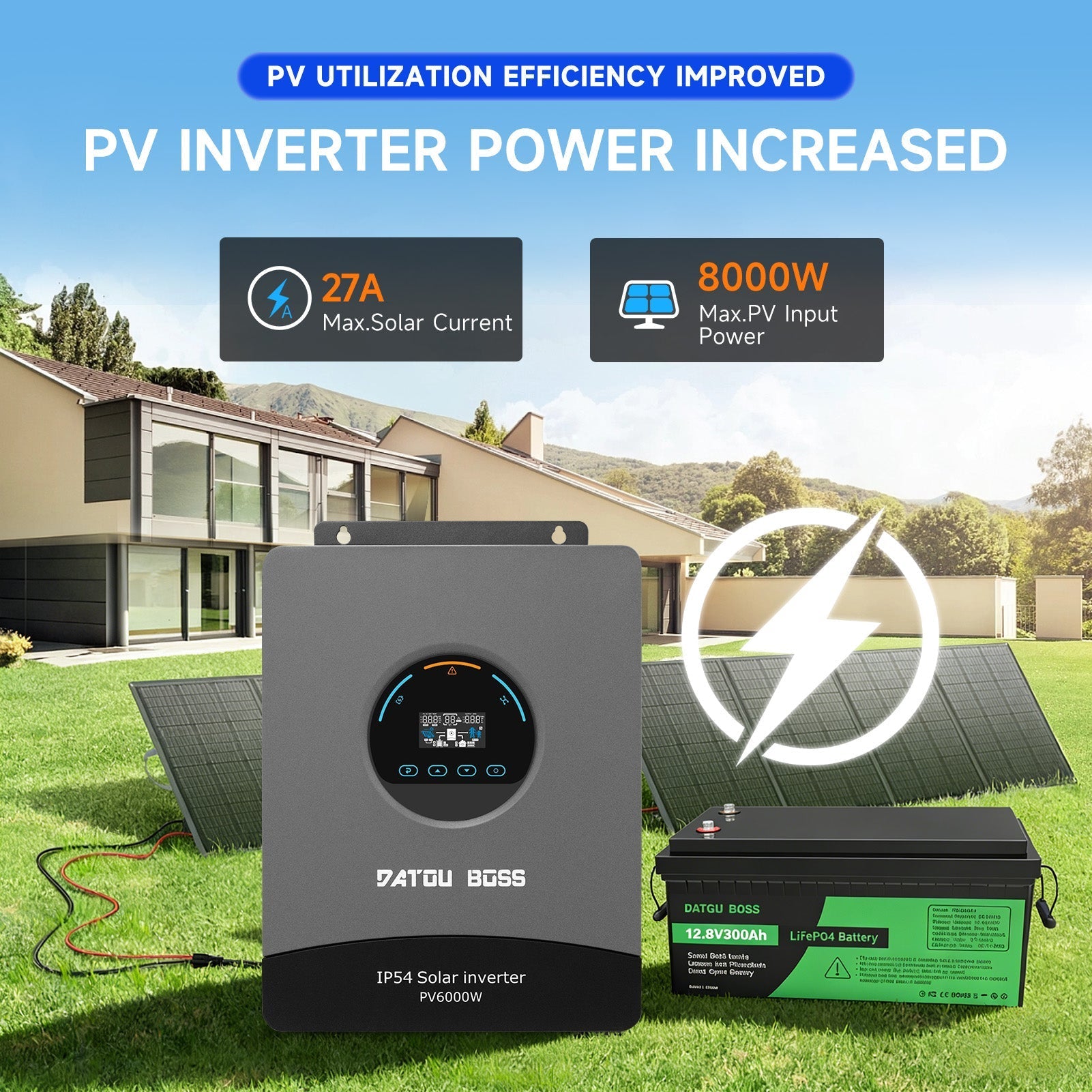 DATOUBOSS 6200W hybrid inverter with 120A MPPT, 48V to 230V, Pure Sine Wave Inverter, BMS protection. for off-grid.