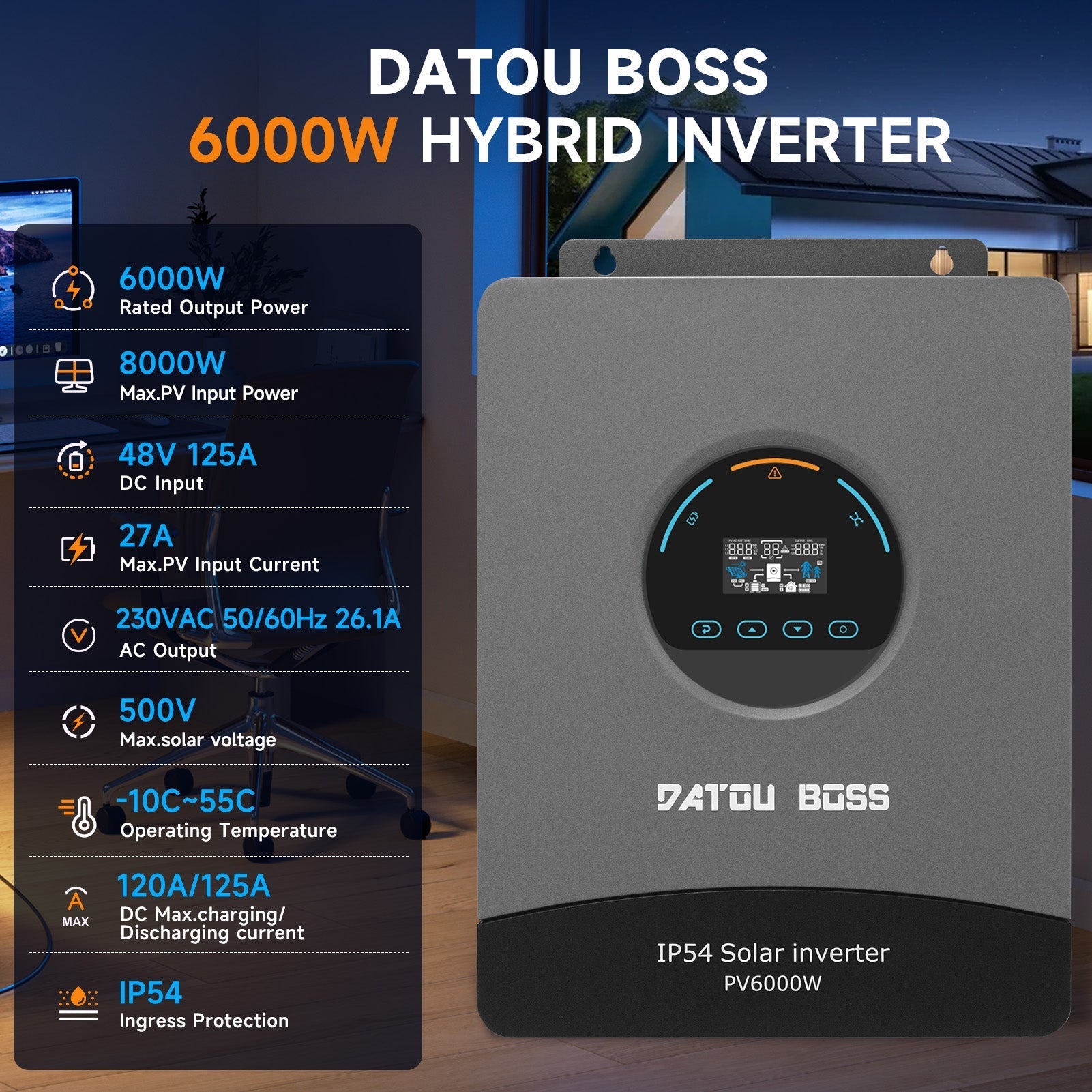 DATOUBOSS 6200W hybrid inverter with 120A MPPT, 48V to 230V, Pure Sine Wave Inverter, BMS protection. for off-grid.