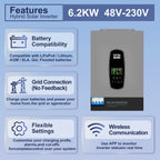 DATOUBOSS 6200W Solar Hybrid Inverter 48V to 230V, Pure Sine Wave, 120A MPPT, 8500W PV Input, Compatible with various battery
