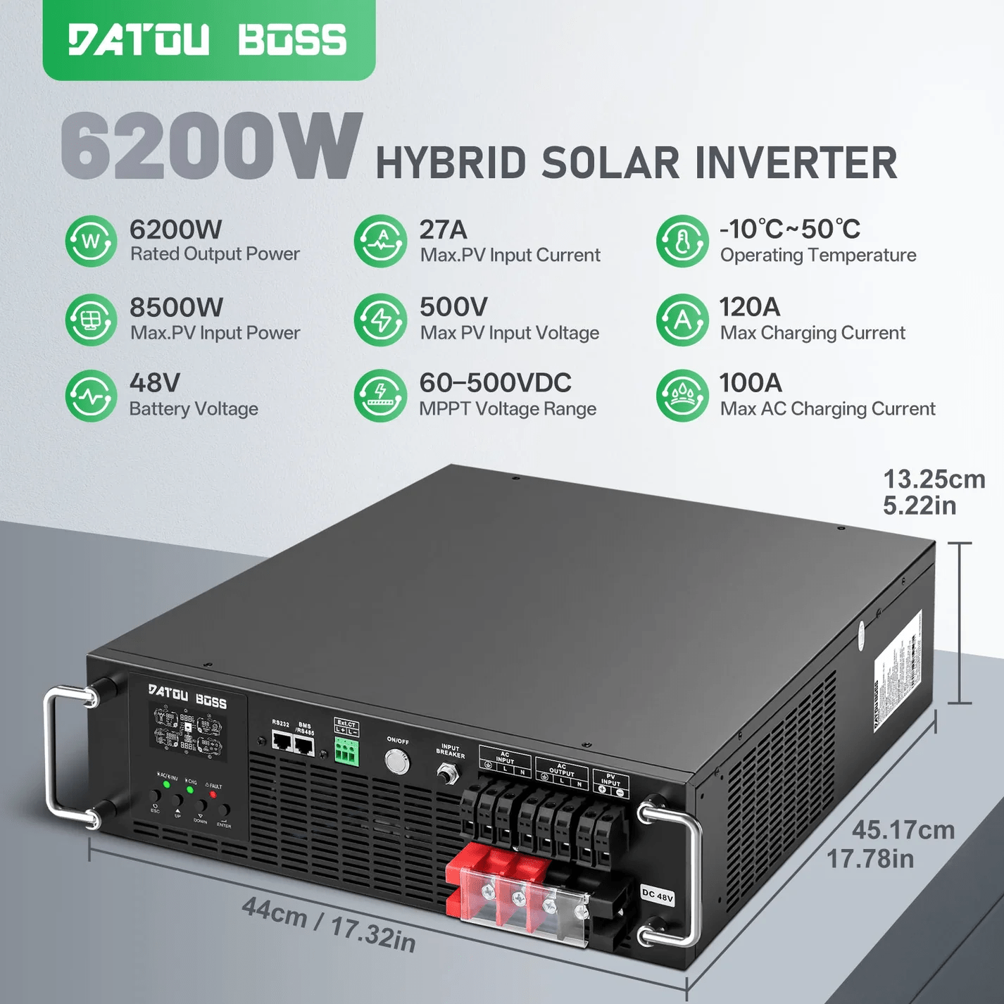 DATOUBOSS 6200W Pure Sine Wave Solar Hybrid Inverter, 48VDC to 230VAC, 120A MPPT, 8500W PV Input, 3U Rack Mount, Built-in UPS Function, Battery-Free Operation, 27A PV Input, BMS Communication, Anti-Backflow Protection, Off-Grid & Grid-Connected Compatible - Xdatou | Rechargeable Lifepo4 Batteries Voltage Converters Inverter