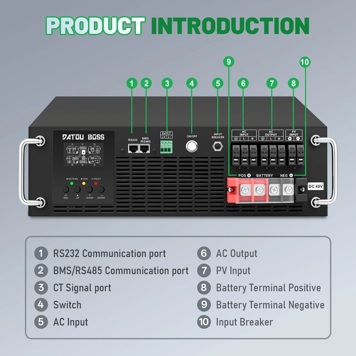 DATOUBOSS 6200W Pure Sine Wave Solar Hybrid Inverter, 48VDC to 230VAC, 120A MPPT, 8500W PV Input, 3U Rack Mount, Built-in UPS Function, Battery-Free Operation, 27A PV Input, BMS Communication, Anti-Backflow Protection, Off-Grid & Grid-Connected Compatible - Xdatou | Rechargeable Lifepo4 Batteries Voltage Converters Inverter