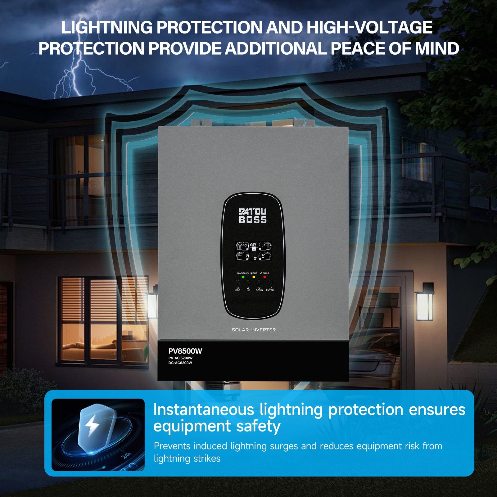 DATOUBOSS 6200W solar hybrid inverter with 120A MPPT, 48VDC to 230VAC, 8500W PV input, BMS protection, for Off-grid System