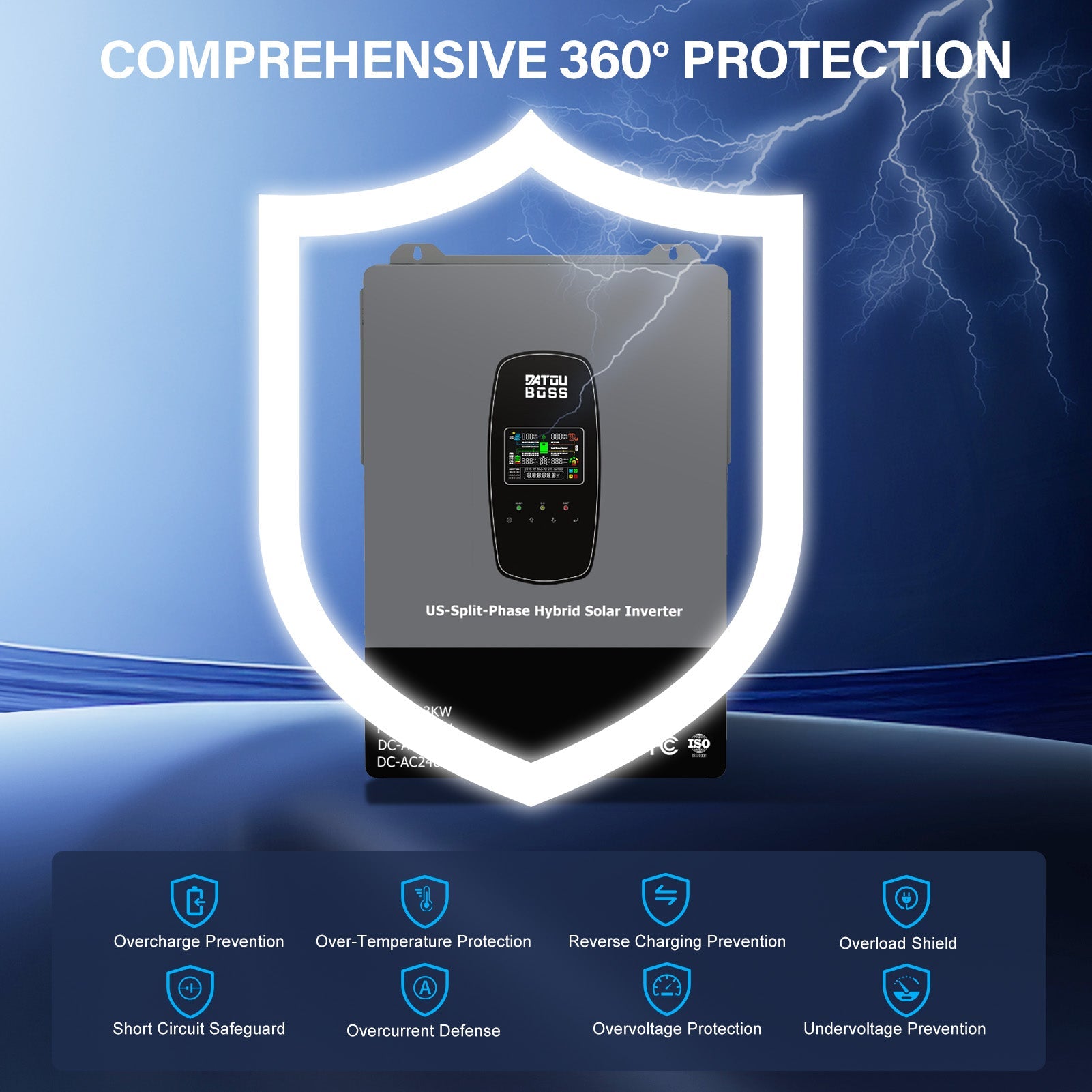 DATOUBOSS 6200W solar hybrid inverter with 120A MPPT, 48VDC to 230VAC, 8500W PV input, BMS protection, for Off-grid System