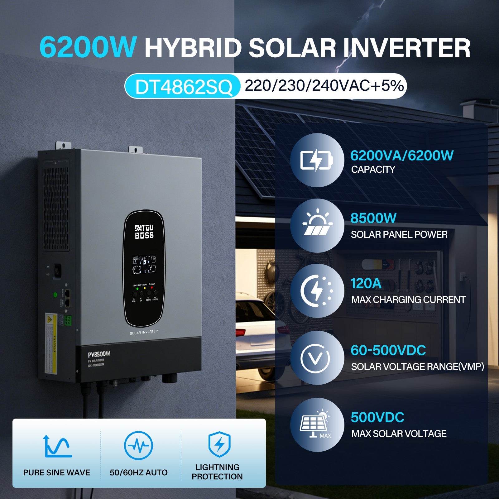 DATOUBOSS 6200W solar hybrid inverter with 120A MPPT, 48VDC to 230VAC, 8500W PV input, BMS protection, for Off-grid System