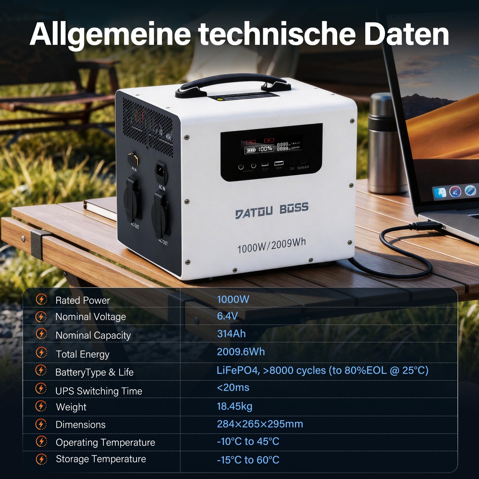 DATOUBOSS Power Station: 1000W Hybrid Inverter +2009wh Capacity LiFePO4 Battery