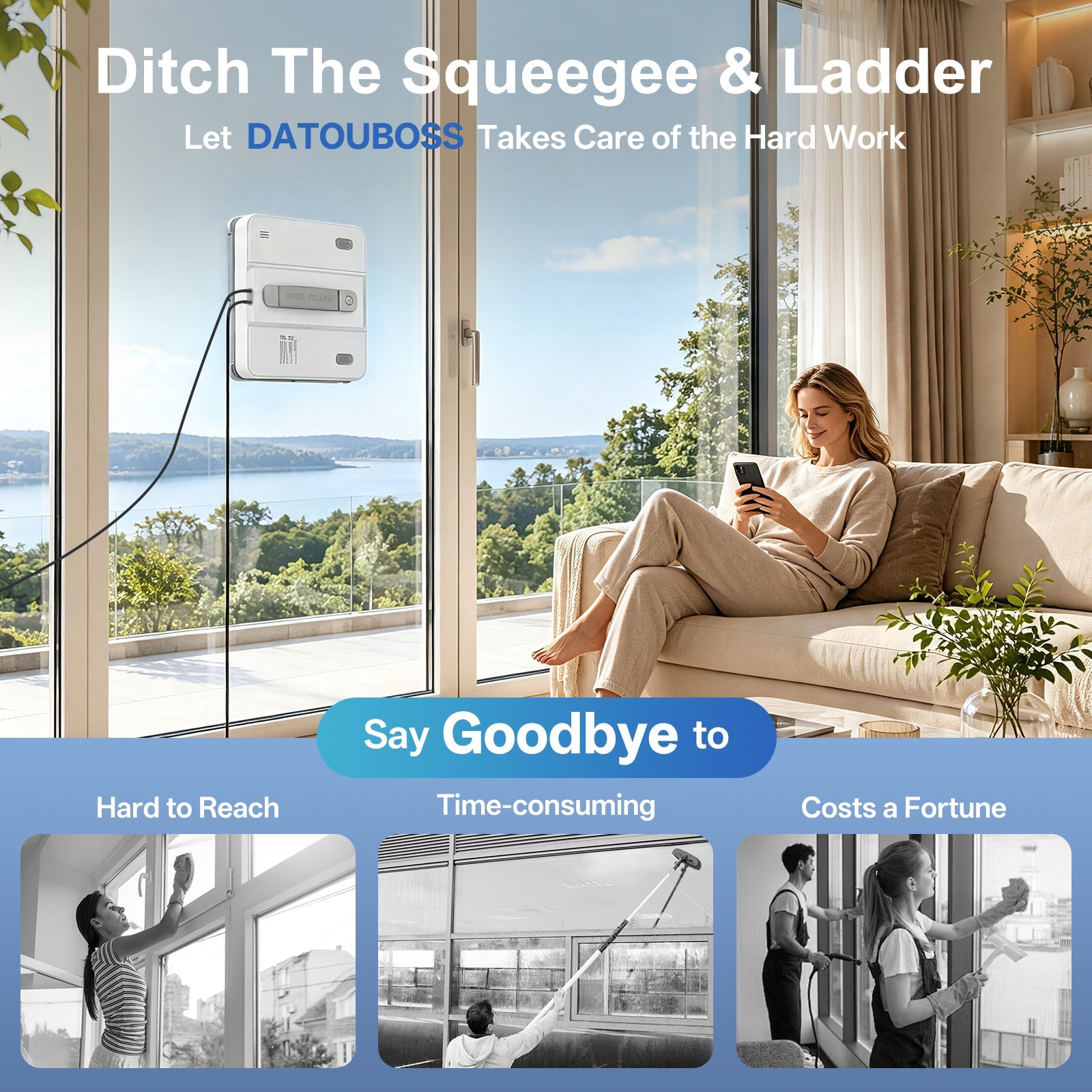 DATOUBOSS Smart Window Cleaning Robot with App & Remote Control, 200ml Water Tank, Powerful Suction, AI Navigation, Ultrasonic Dual Spray System for Glass, Mirrors & Tiles - Xdatou | Rechargeable Lifepo4 Batteries Voltage Converters Inverter