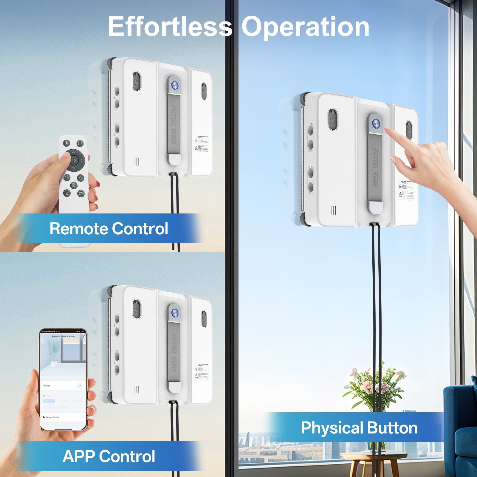 DATOUBOSS Smart Window Cleaning Robot with App & Remote Control, 200ml Water Tank, Powerful Suction, AI Navigation, Ultrasonic Dual Spray System for Glass, Mirrors & Tiles - Xdatou | Rechargeable Lifepo4 Batteries Voltage Converters Inverter
