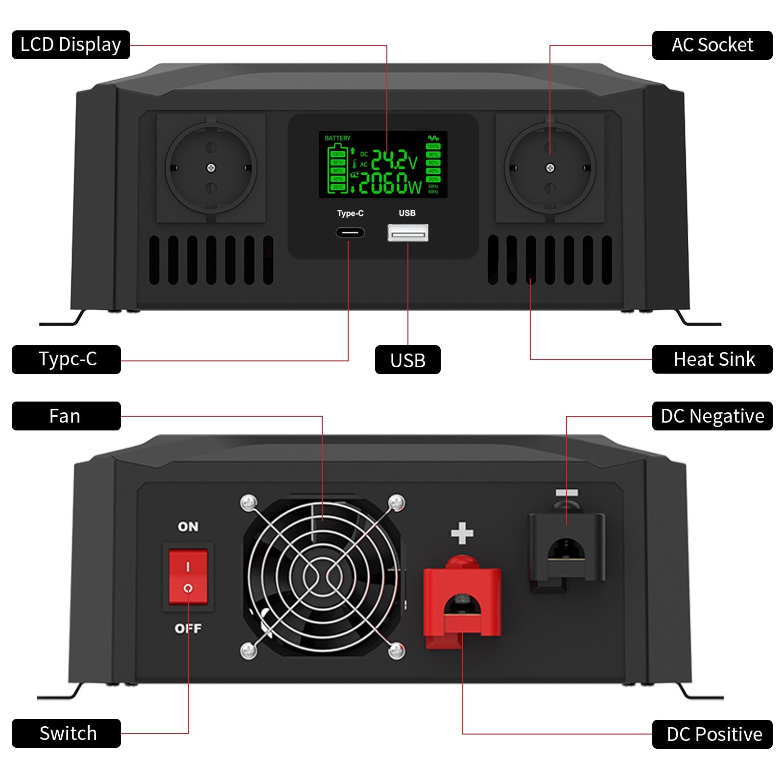 DATOUBOSS Intelligent Dual Voltage Pure Sine Wave Inverter 1200W/2000W, 12V/24V to 230V, for RVS home offgrid system
