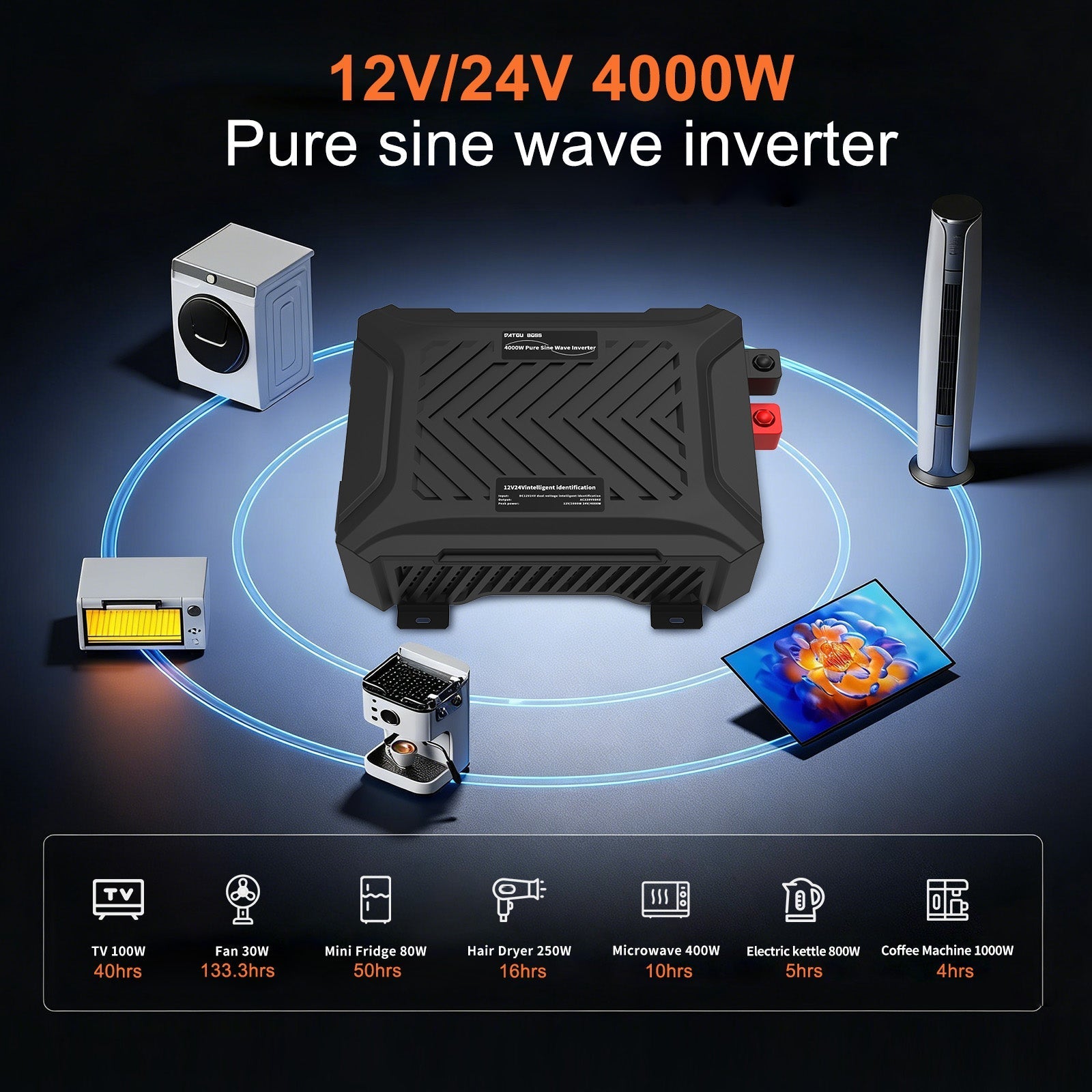 DATOUBOSS Intelligent Dual Voltage Pure Sine Wave Inverter 1200W/2000W, 12V/24V to 230V, for RVS home offgrid system