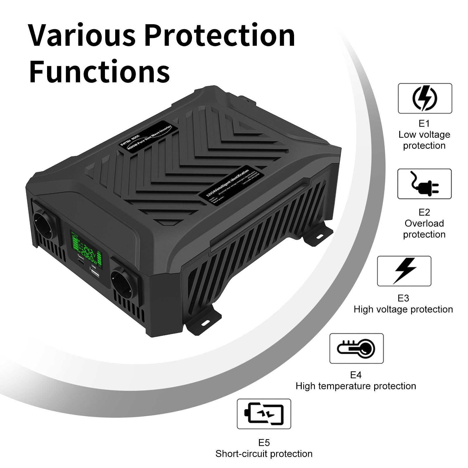 DATOUBOSS Intelligent Dual Voltage Pure Sine Wave Inverter 1200W/2000W, 12V/24V to 230V, for RVS home offgrid system