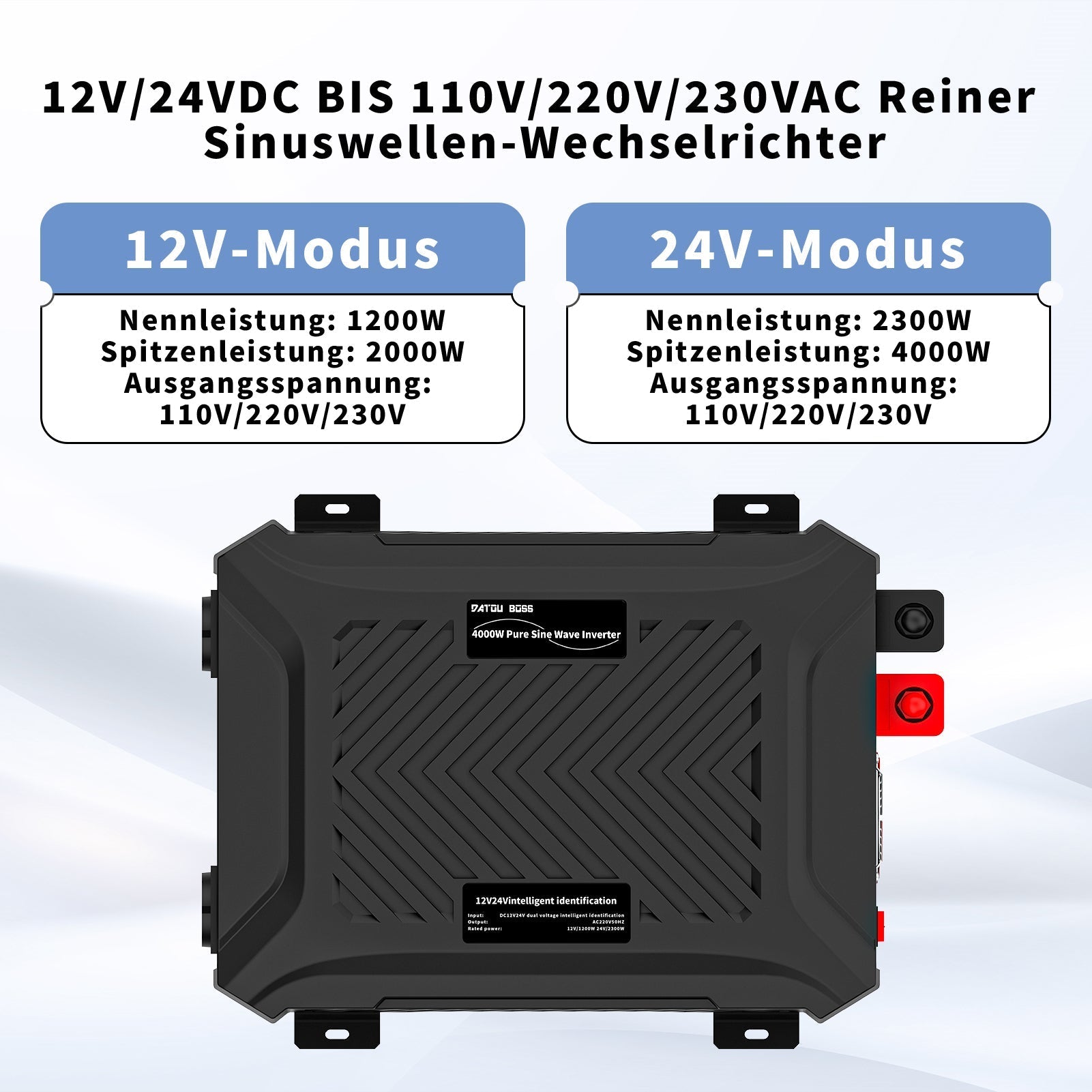 DATOUBOSS Intelligent Dual Voltage Pure Sine Wave Inverter 1200W/2000W, 12V/24V to 230V, for RVS home offgrid system