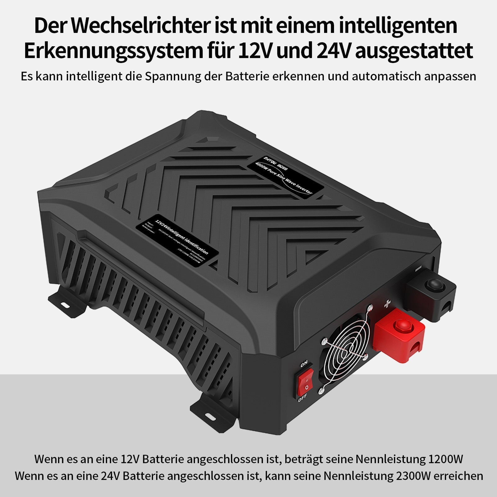 DATOUBOSS Intelligent Dual Voltage Pure Sine Wave Inverter 1200W/2000W, 12V/24V to 230V, for RVS home offgrid system