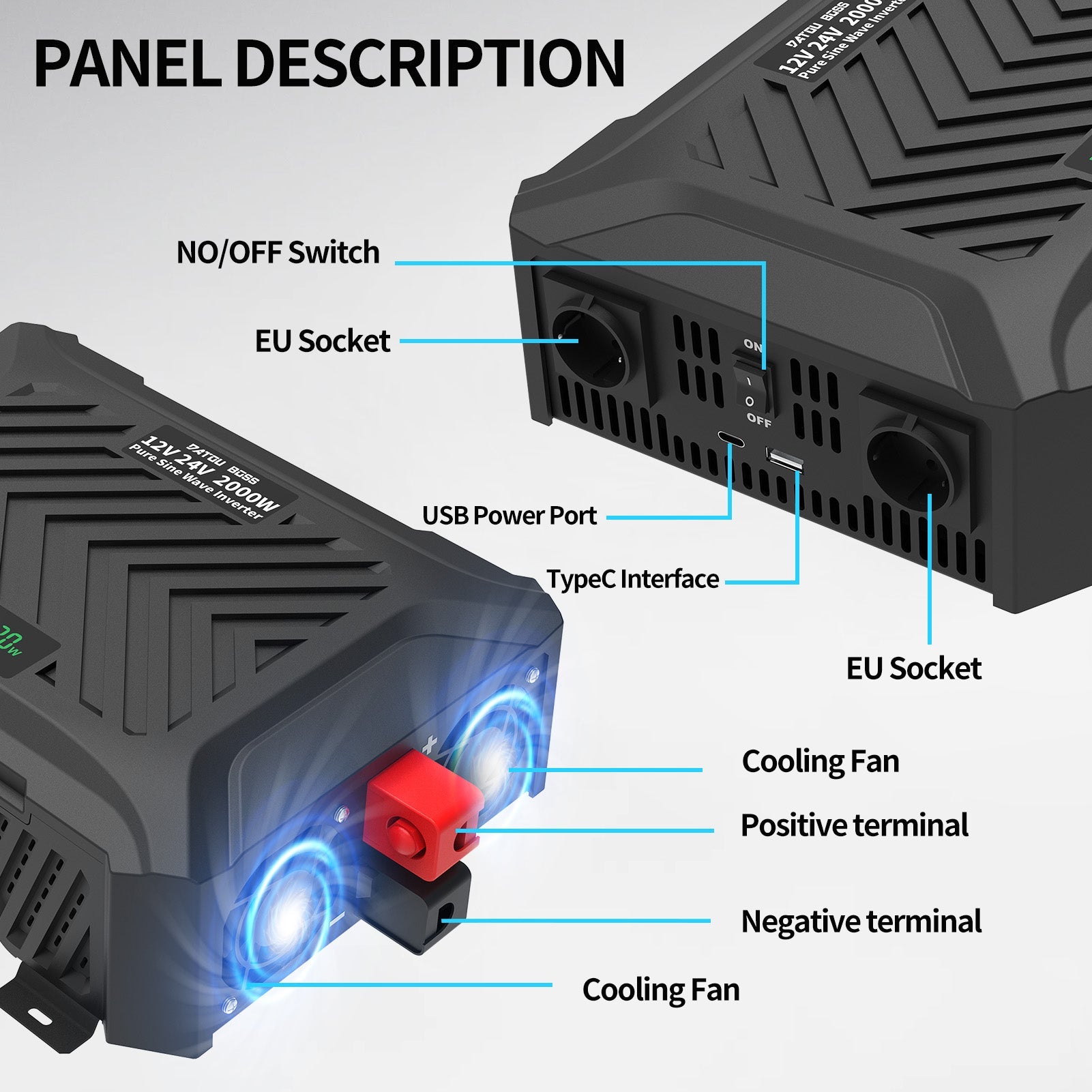 DATOUBOSS Pure Sine Wave Inverter 2000/4000W, Double Voltage intelligent detection 12V/24V to 230V,for RV car home off-grid.