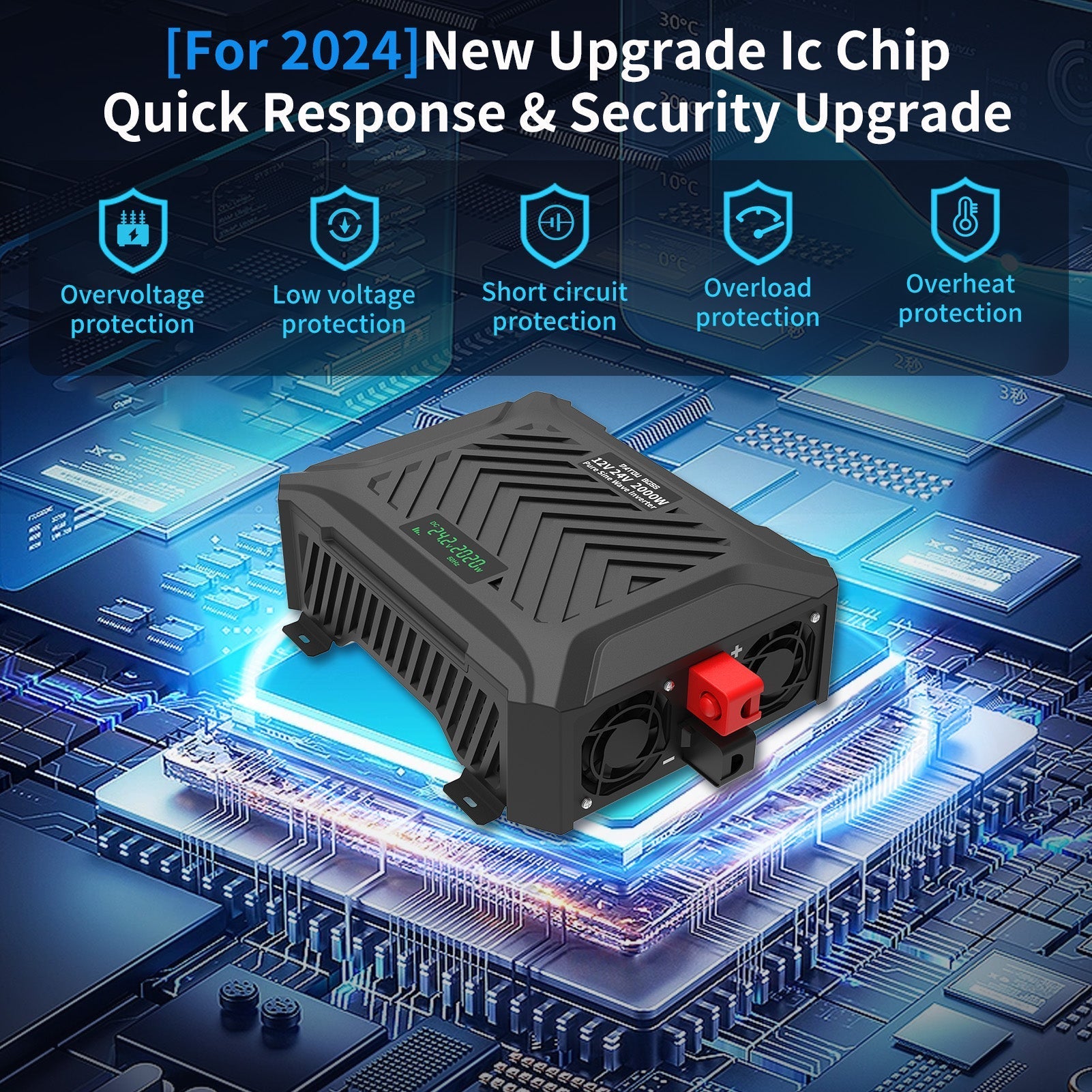 DATOUBOSS Pure Sine Wave Inverter 2000/4000W, Double Voltage intelligent detection 12V/24V to 230V,for RV car home off-grid.