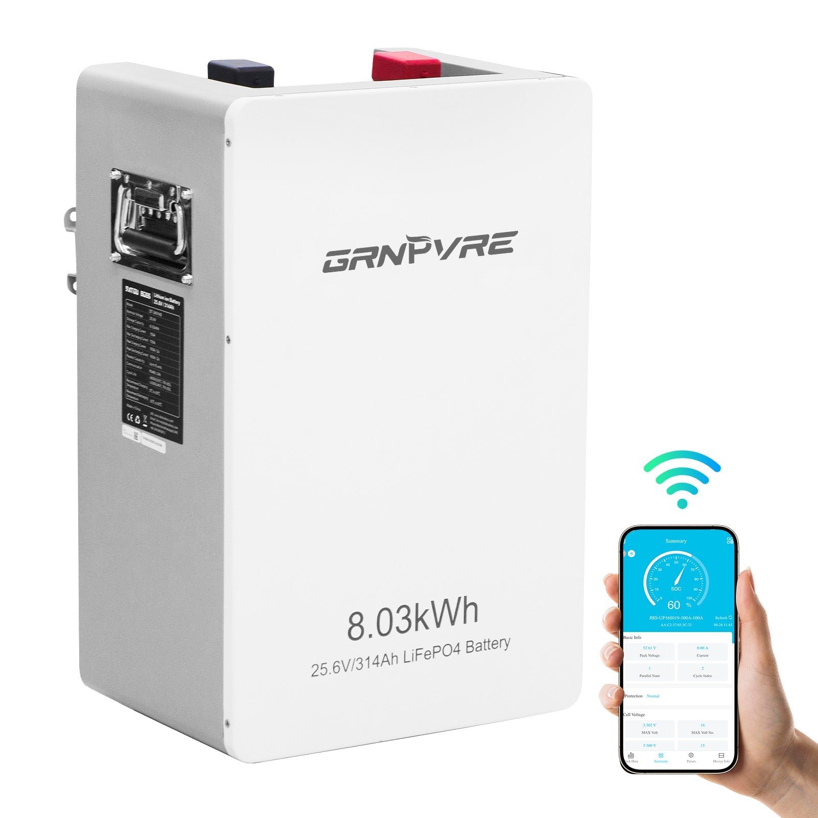 GRNPVRE 24V 314Ah LiFePO4 Solar Battery, 8kWh Energy Storage with 150A BMS & Mobile Bluetooth Control for Home & Off-Grid Systems(Comes with Bluetooth app) - Xdatou | Rechargeable Lifepo4 Batteries Voltage Converters Inverter