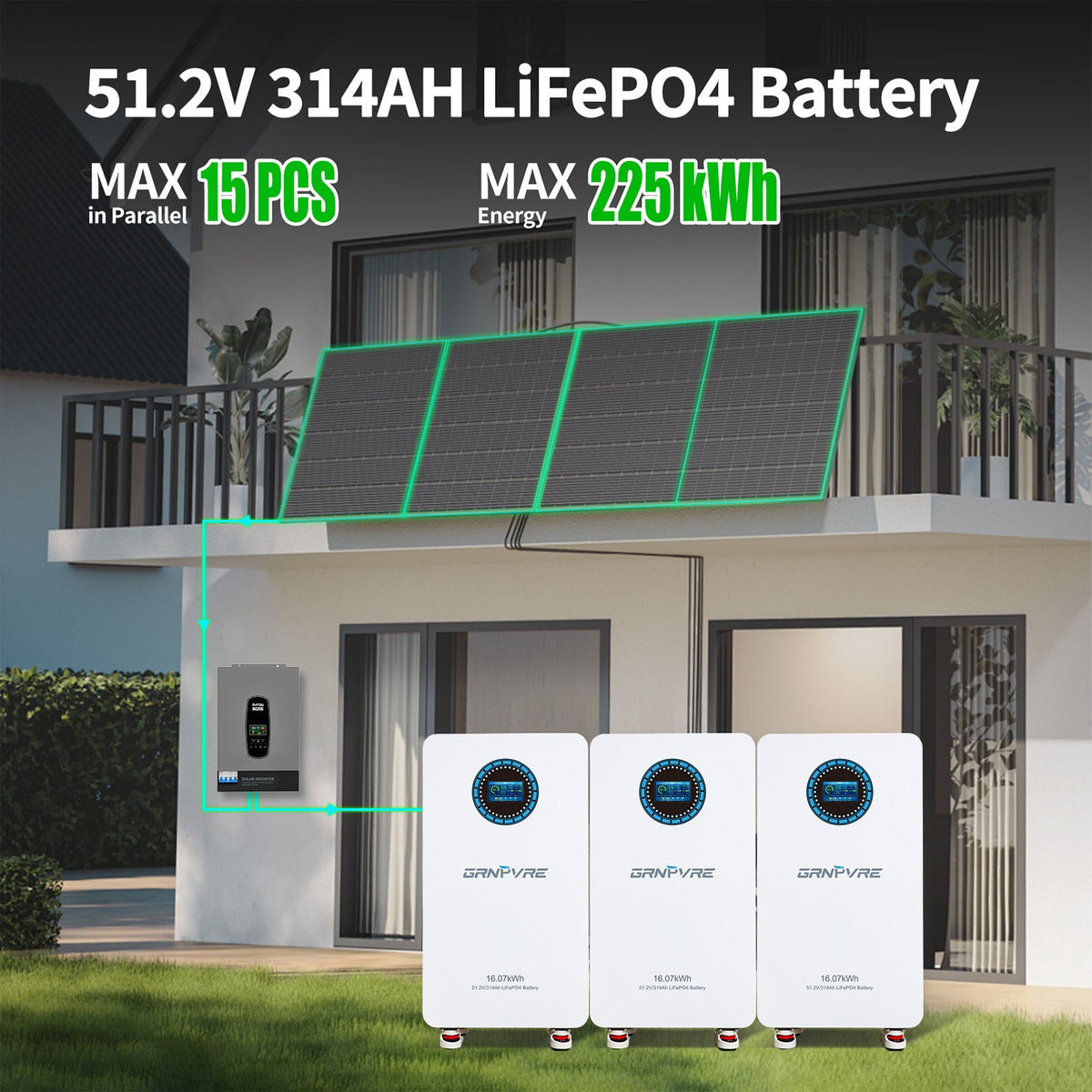 GRNPVRE 48V 314Ah LiFePO4 Battery Power Supply, 200A BMS, for Solar Energy Storage Systems - Xdatou | Rechargeable Lifepo4 Batteries Voltage Converters Inverter