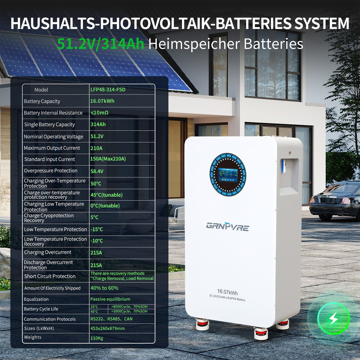 GRNPVRE 48V 314Ah LiFePO4 Battery Power Supply, 200A BMS, for Solar Energy Storage Systems - Xdatou | Rechargeable Lifepo4 Batteries Voltage Converters Inverter