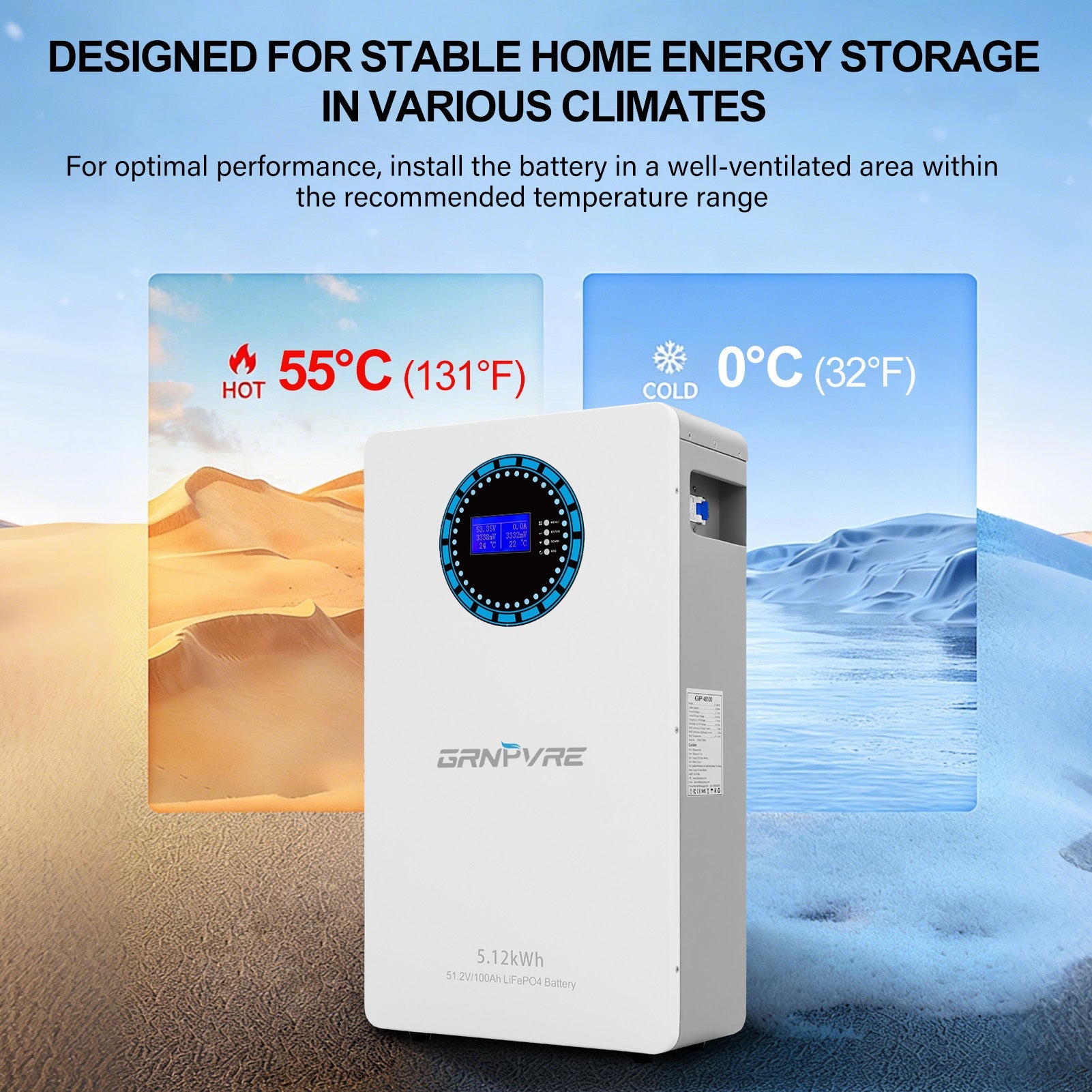GRNPVRE 51.2V 100Ah LiFePO4 Battery, 5.12kWh, 100A BMS , Wall - Mounted ,for Solar System Off-grid, Home RV Energy Storage