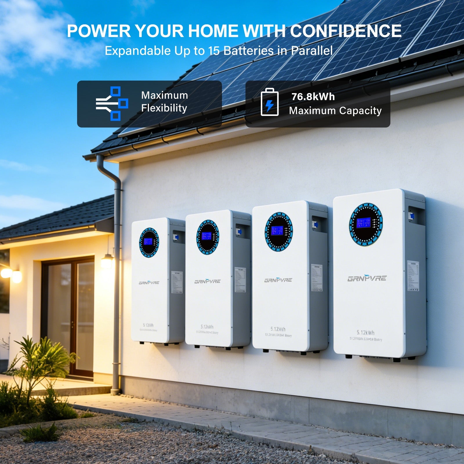 GRNPVRE 51.2V 100Ah LiFePO4 Battery, 5.12kWh, 100A BMS , Wall - Mounted ,for Solar Home RV Energy Storage