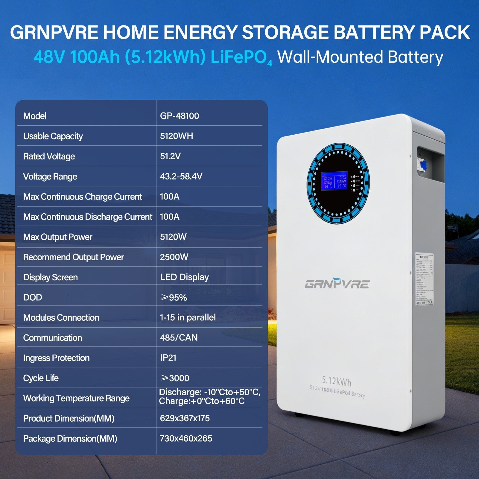 GRNPVRE 51.2V 100Ah LiFePO4 Battery, 5.12kWh Wall-mounted Battery, 100A BMS ,  ,for Solar Home RV Energy Storage