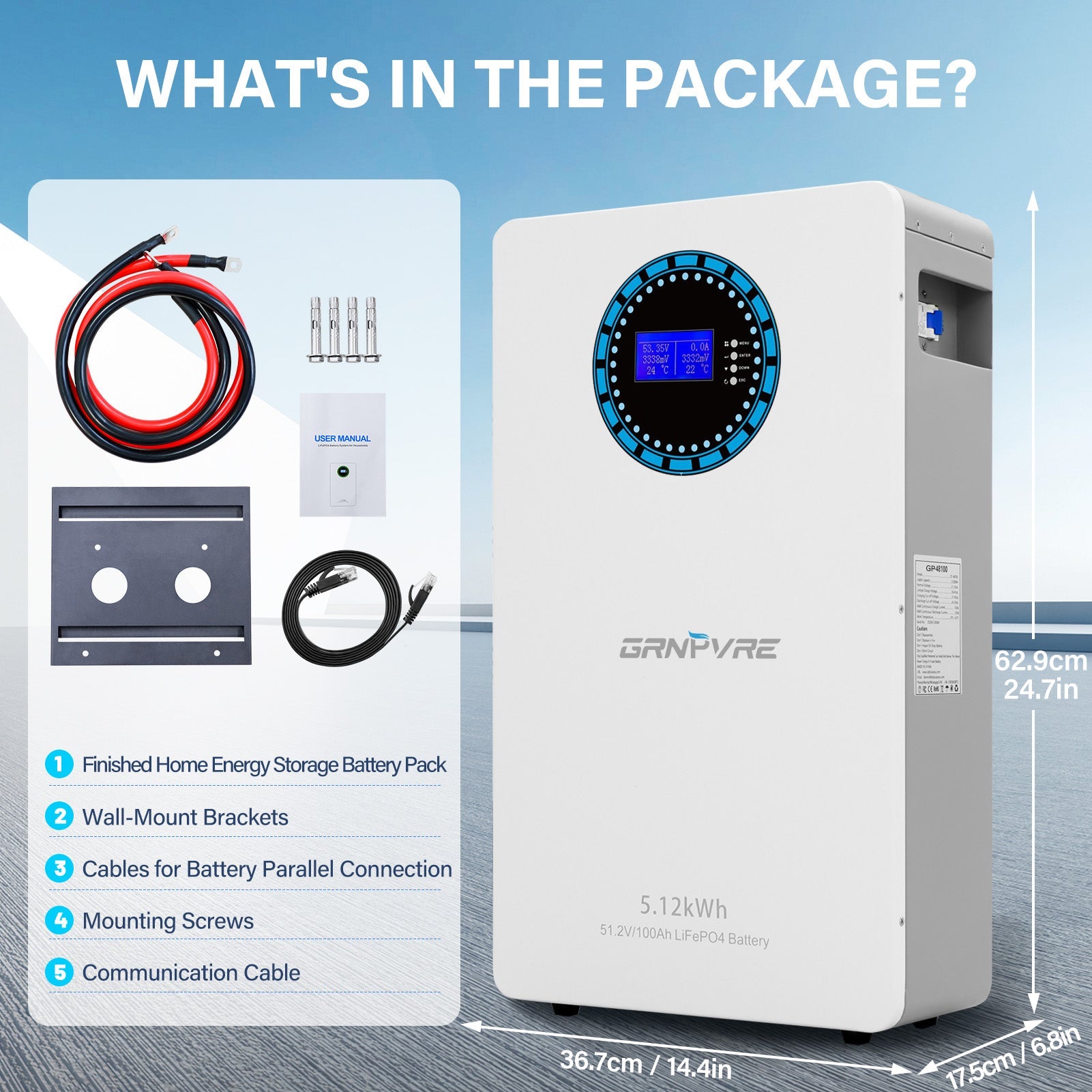 GRNPVRE 51.2V 100Ah LiFePO4 Battery, 5.12kWh, 100A BMS , Wall-Mounted,  Up to 15 units parallel,for Energy Storage