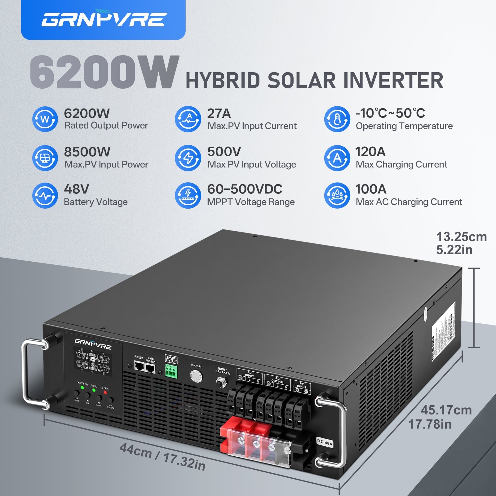 GRNPVRE 6200W 3U Rack Pure Sine Wave Solar Hybrid Inverter, 48VDC to 230VAC, 120A MPPT, 8500W PV Input, Built-in UPS Function, Battery-Free Operation, 27A PV Input, BMS Communication, Anti-Backflow Protection, Off-Grid & Grid-Connected Compatible Secondary image
