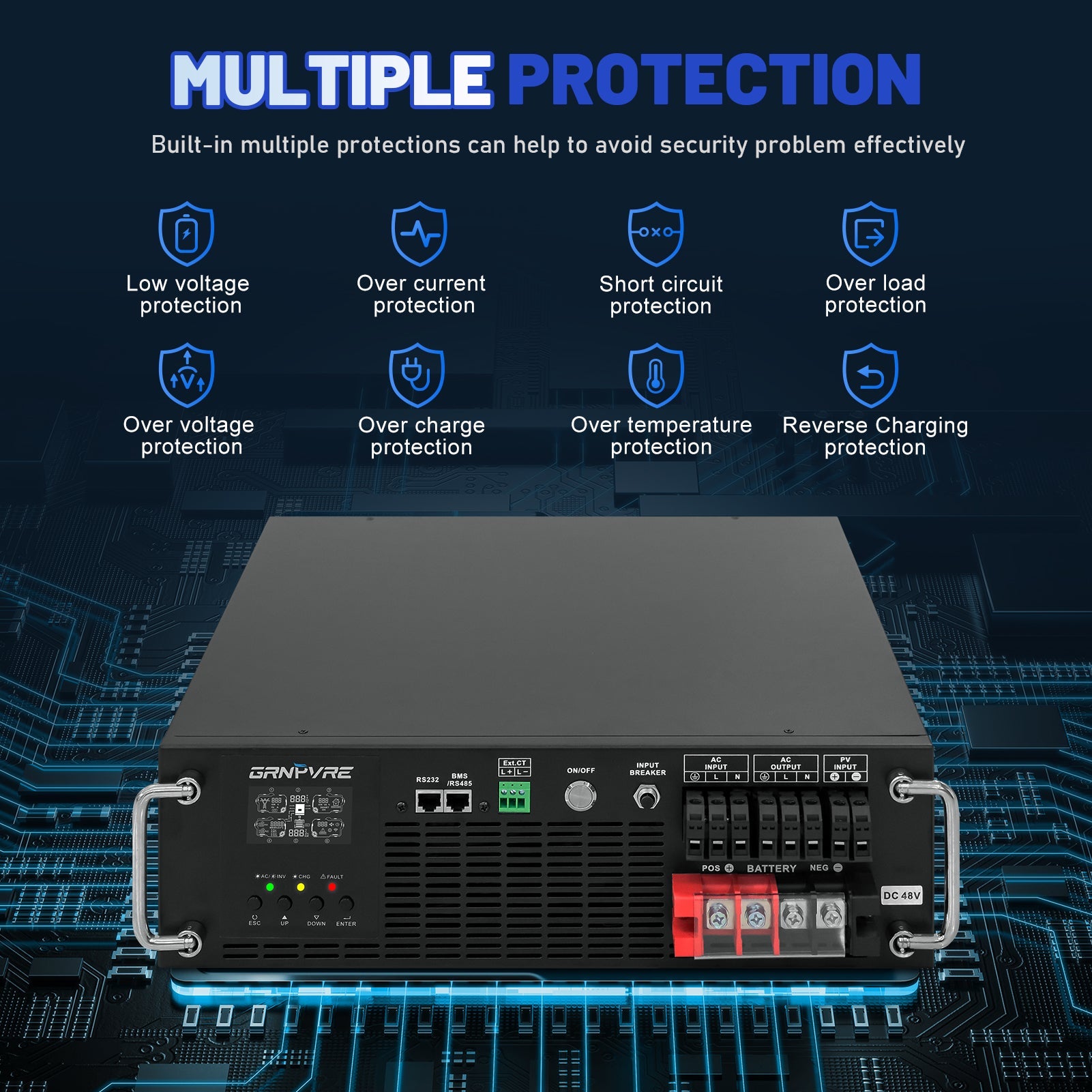 GRNPVRE 6200W 3U Rack Pure Sine Wave Solar Hybrid Inverter, 48VDC to 230VAC, 120A MPPT, 8500W PV Input, Built-in UPS Function, Battery-Free Operation, 27A PV Input, BMS Communication, Anti-Backflow Protection, Off-Grid & Grid-Connected Compatible - Xdatou | Rechargeable Lifepo4 Batteries Voltage Converters Inverter