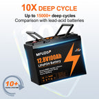 MFUZOP 12V 100Ah LiFePO4 battery with 100A BMS, 6000 deep cycles. up to 4S4P, for RVs, boats, trailers, and homes.