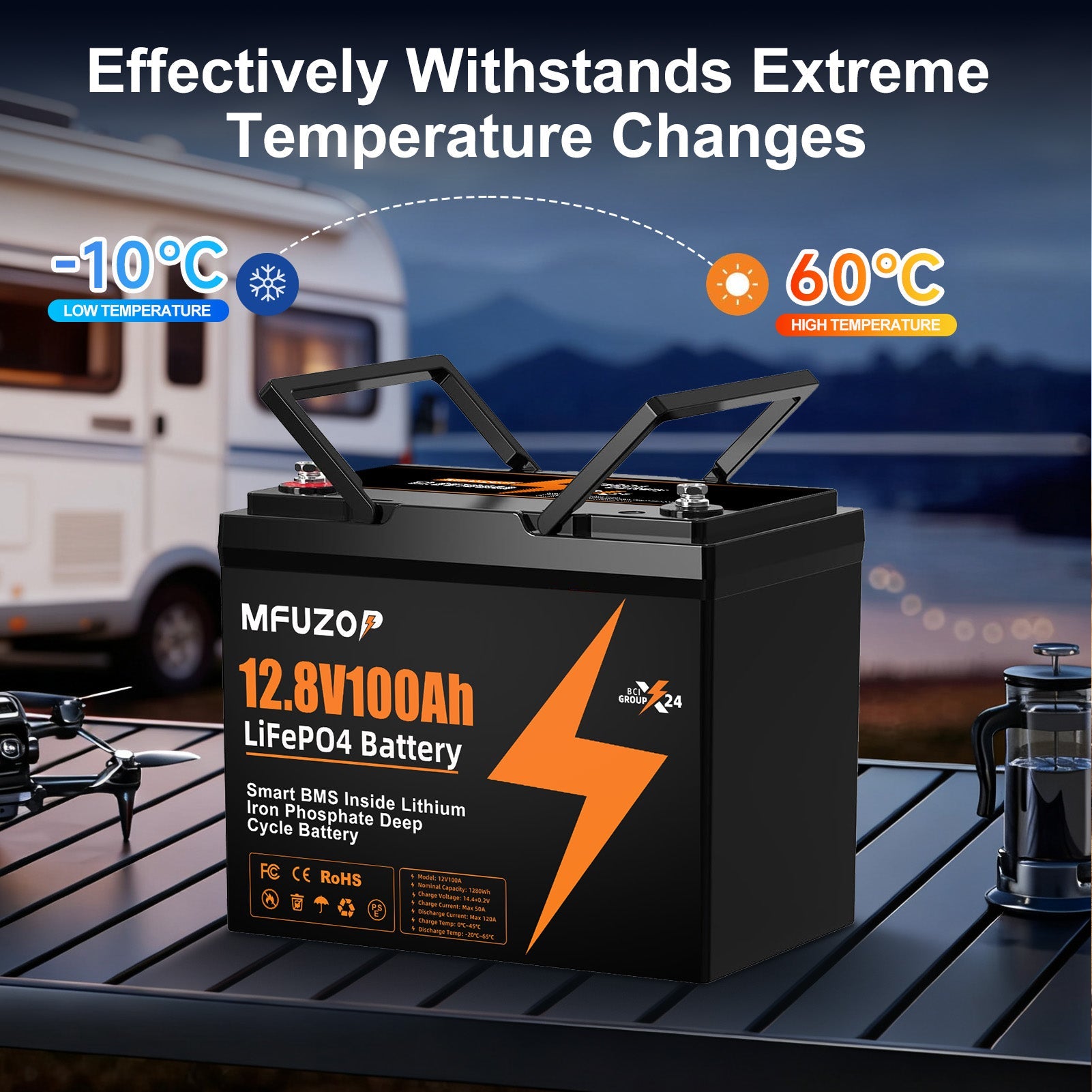 MFUZOP 12V 100Ah LiFePO4 battery with 100A BMS, 6000 deep cycles. up to 4S4P, for RVs, boats, trailers, and homes.