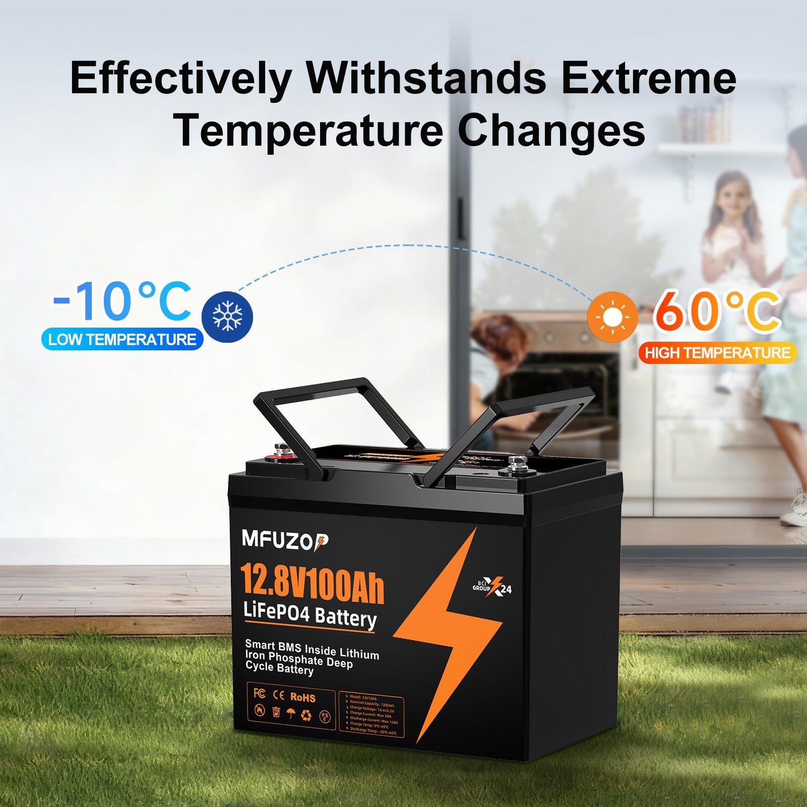 MFUZOP 12V 100Ah LiFePO4 battery with 100A BMS, 6000 deep cycles. up to 4S4P, for RVs, boats, trailers, and homes.