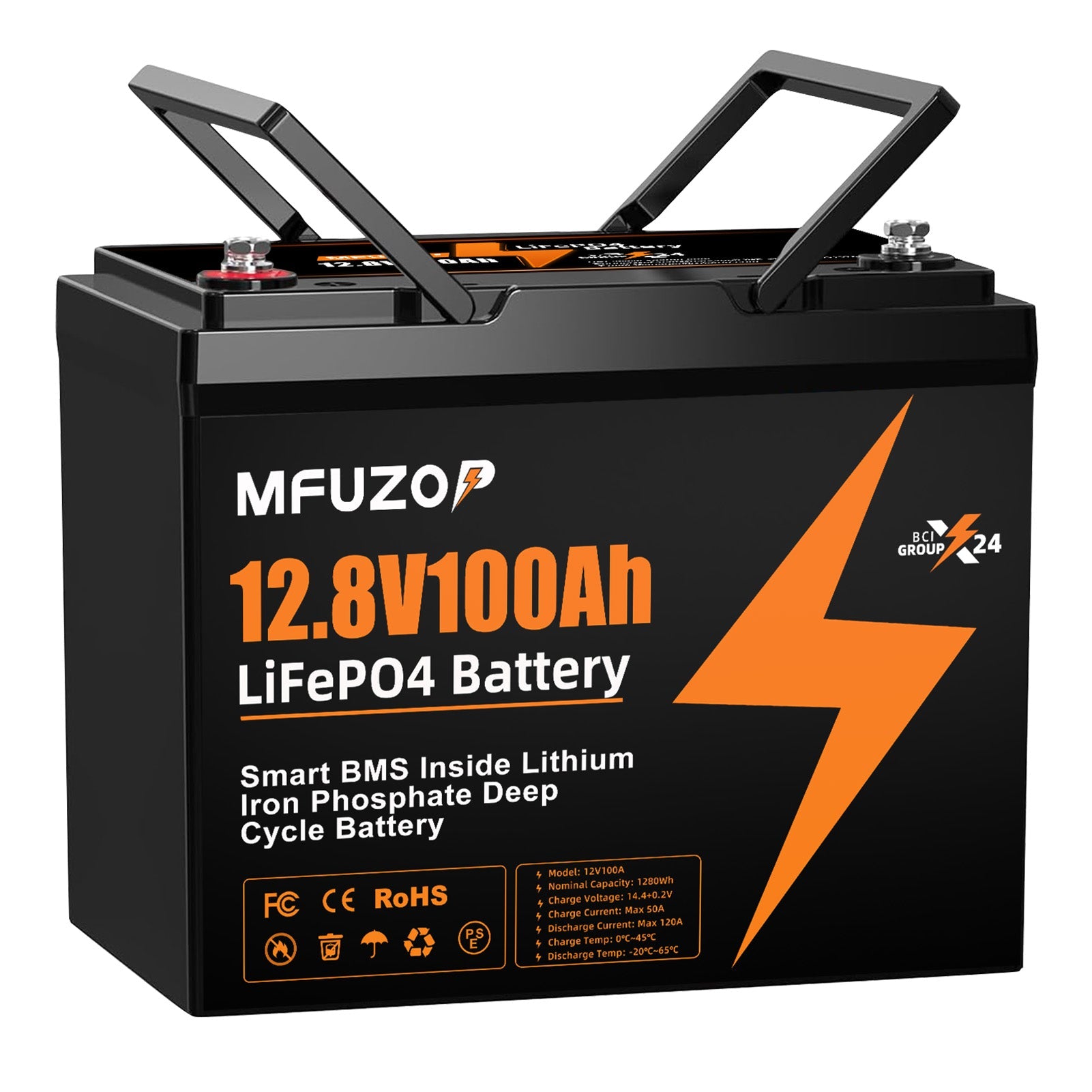 MFUZOP 12V 100Ah LiFePO4 battery with 100A BMS, 6000 deep cycles. up to 4S4P, for RVs, boats, trailers, and homes. Main image