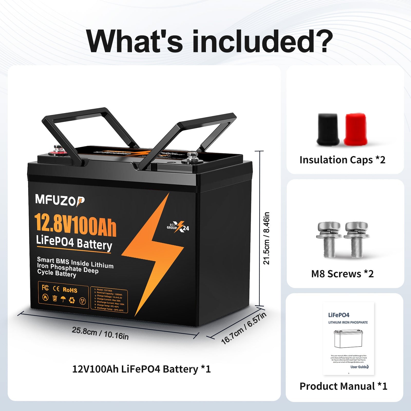 MFUZOP 12V 100Ah LiFePO4 battery with 100A BMS, 6000 deep cycles. up to 4S4P, for RVs, boats, trailers, and homes.