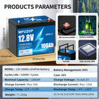 MFUZOP 12V 100Ah LiFePO4 battery with 100A smart BMS, 6000 deep cycles. Up to 4S4P, for RVs, boats, trailers, and home.