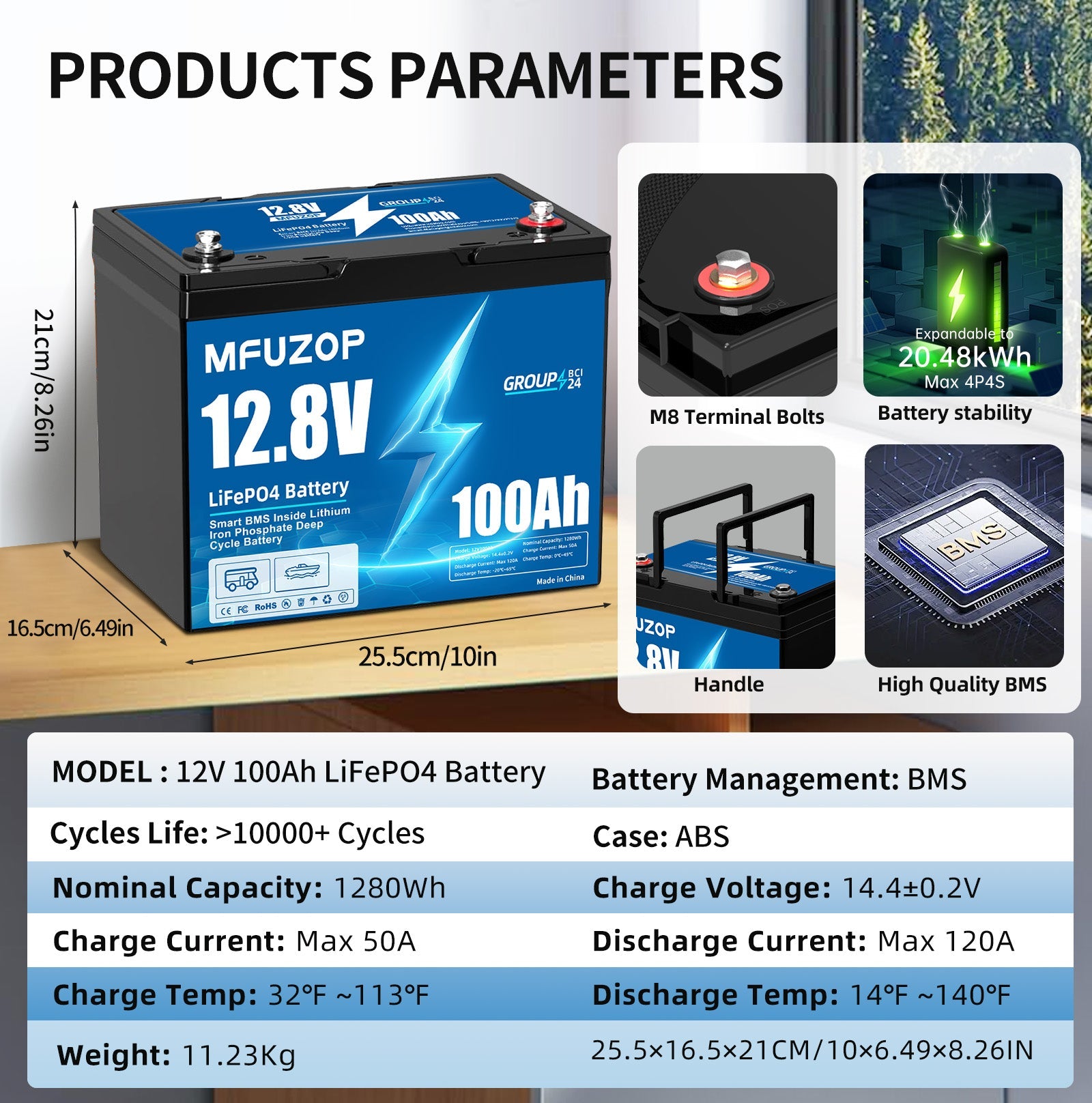MFUZOP 12V 100Ah LiFePO4 battery with 100A smart BMS, 6000 deep cycles. Up to 4S4P, for RVs, boats, trailers, and home.