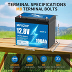 MFUZOP 12V 100Ah LiFePO4 battery with 100A smart BMS, 6000 deep cycles. Up to 4S4P, for RVs, boats, trailers, and home.