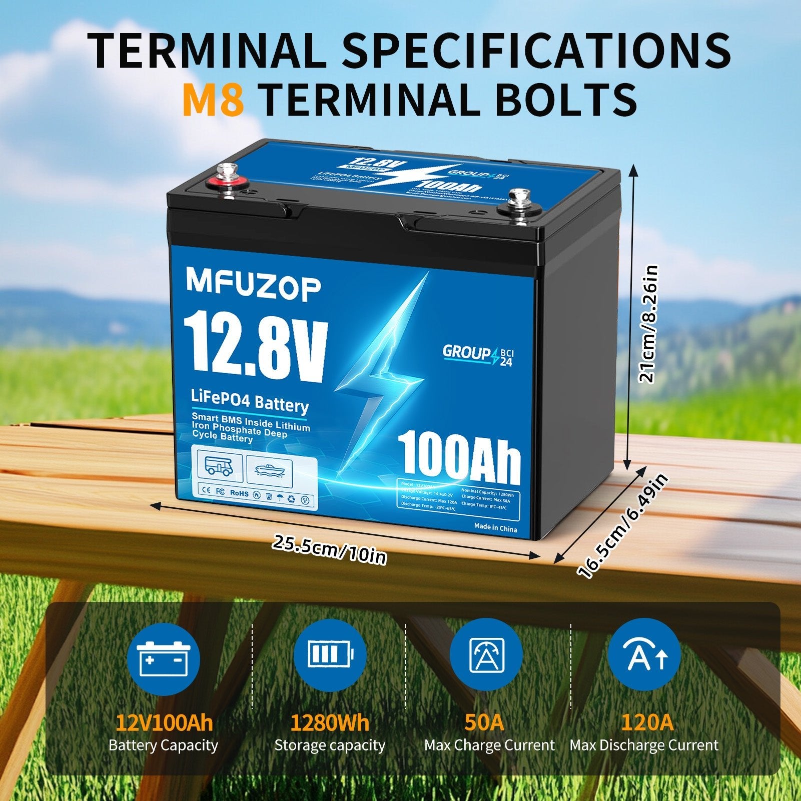 MFUZOP 12V 100Ah LiFePO4 battery with 100A smart BMS, 6000 deep cycles. Up to 4S4P, for RVs, boats, trailers, and home.