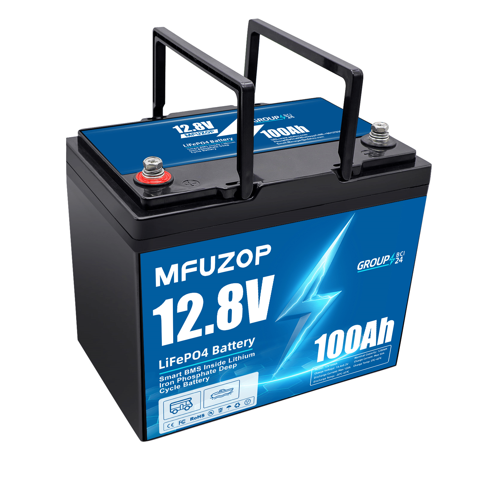 MFUZOP 12V 100Ah LiFePO4 battery with 100A smart BMS, 6000 deep cycles. Up to 4S4P, for RVs, boats, trailers, and home. Main image
