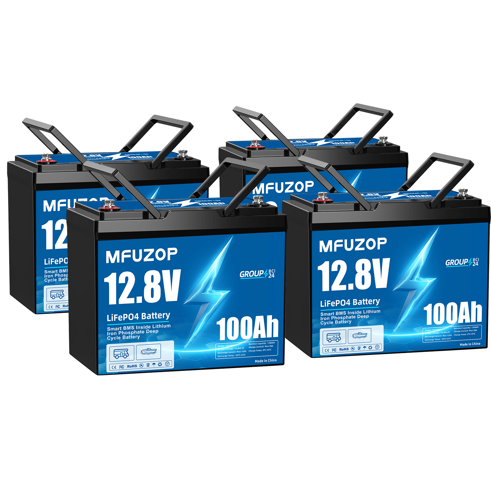 MFUZOP 12V 100Ah LiFePO4 battery with 100A smart BMS, 6000 deep cycles. Up to 4S4P, for RVs, boats, trailers, and home.