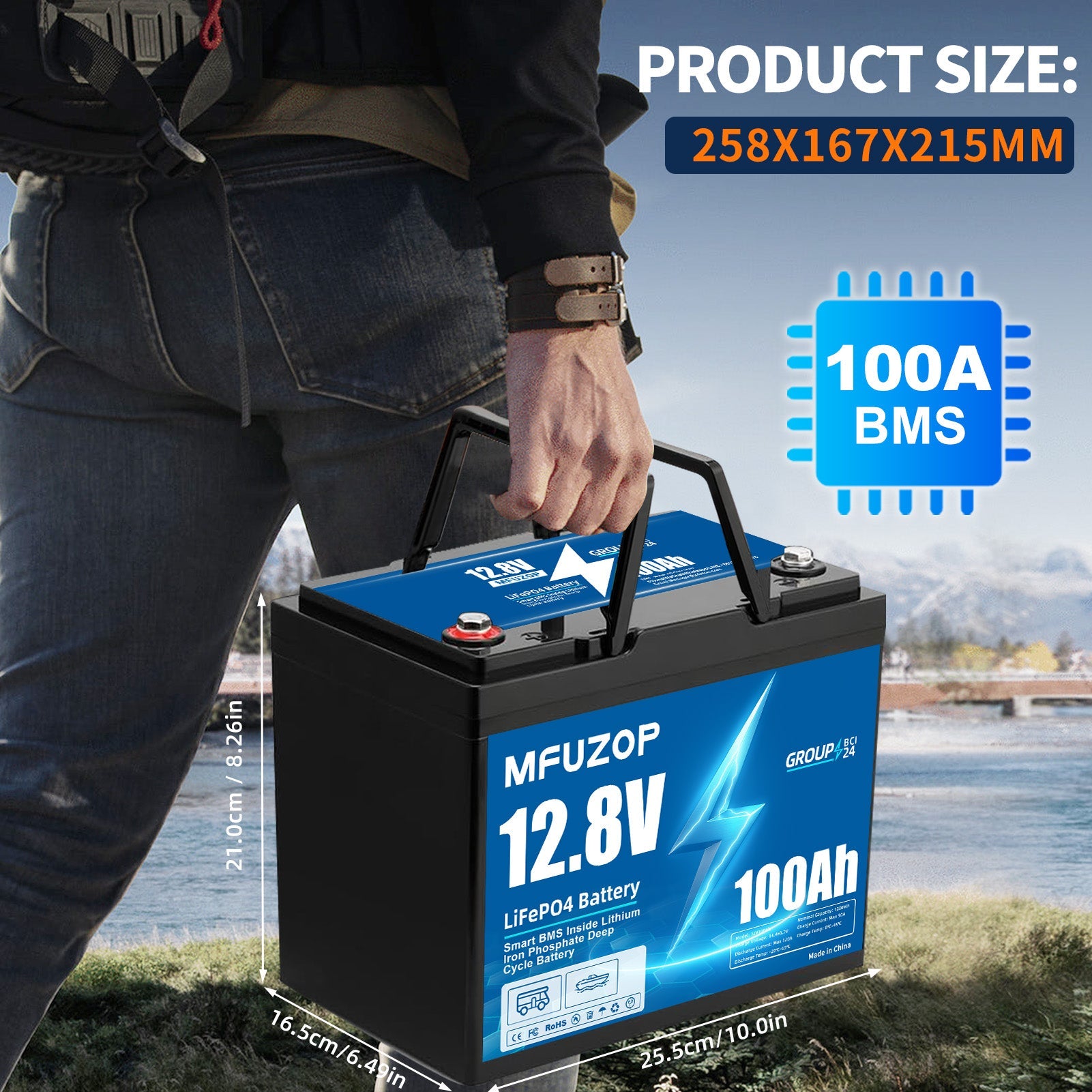 MFUZOP 12V 100Ah LiFePO4 battery with 100A smart BMS, 6000 deep cycles. Up to 4S4P, for RVs, boats, trailers, and home.